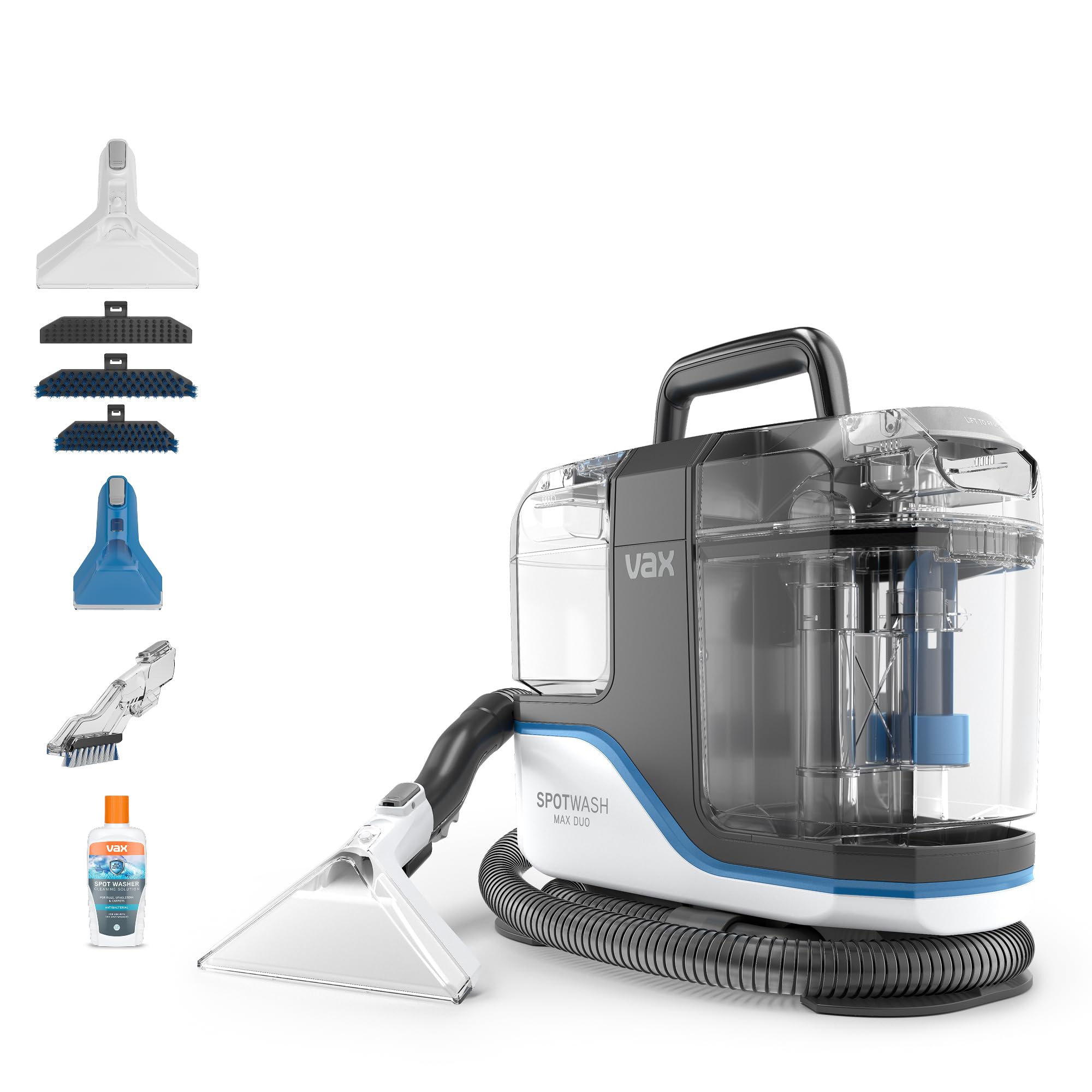 Vax SpotWash Max Duo Spot Cleaner, Carpet Cleaner Machine, Upholstery and Sofa Cleaning, XL Tanks, Crevice, Pet & Wide Tools Removes Spills & Stains, Included Solution, White/Blue, CDSW-MSXD