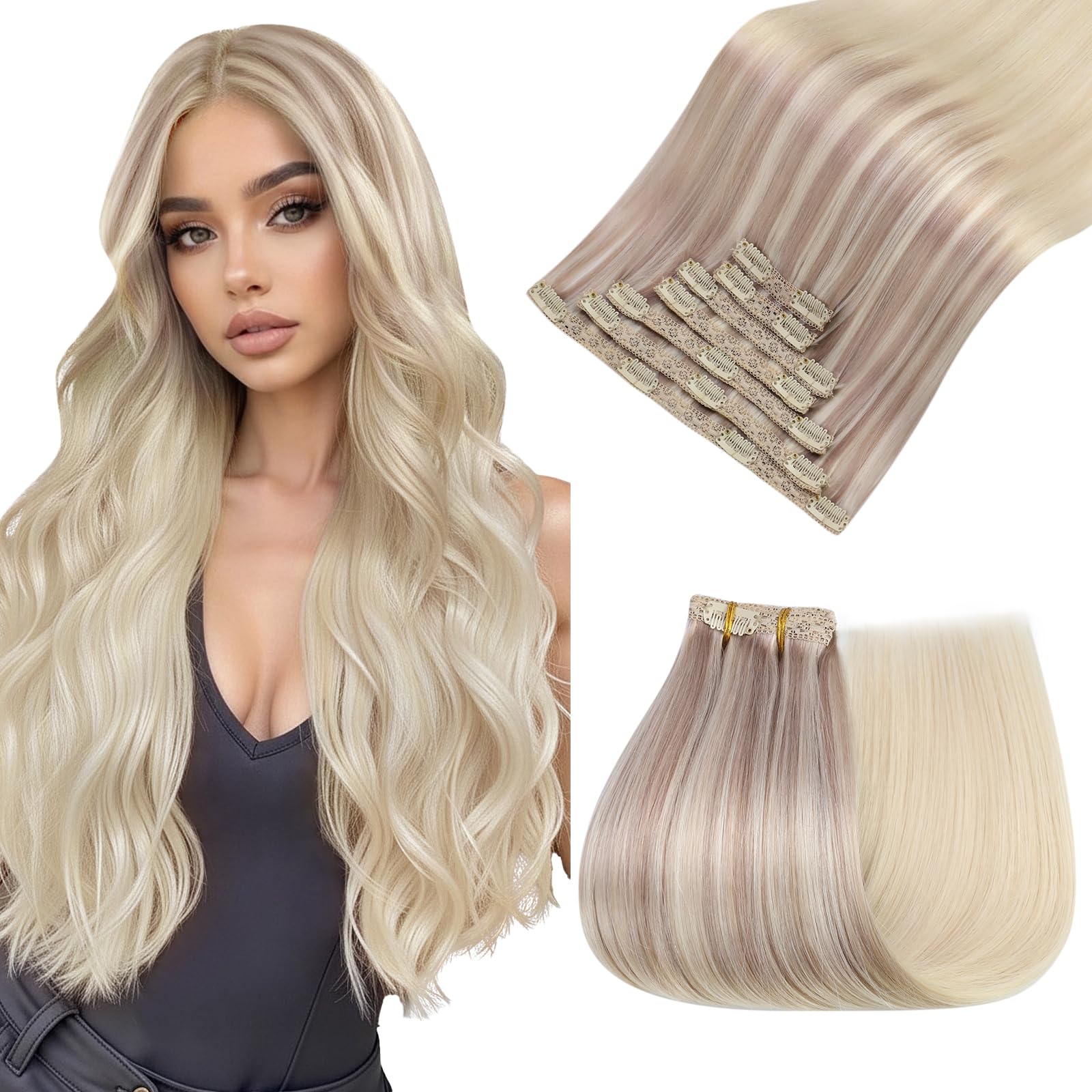Easyouth Clip in Hair Extensions Real Human Hair Highlight Hair Extensions Clip ins Ash Blonde to Platinum Blonde Balayage Clips in Extension for