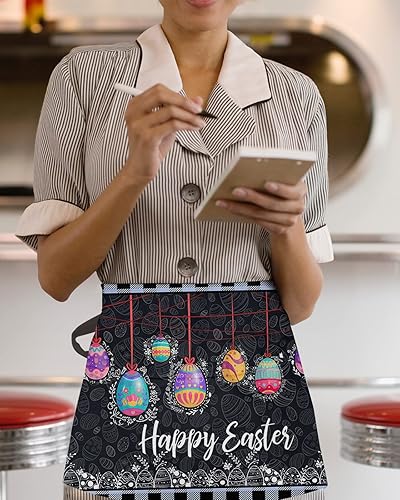 Miniatura 3 de Delantal de camarero de Pascua negro con bolsillos, huevos coloridos de primavera, hierbas florales silvestres, cintura media cocina, barbacoa,