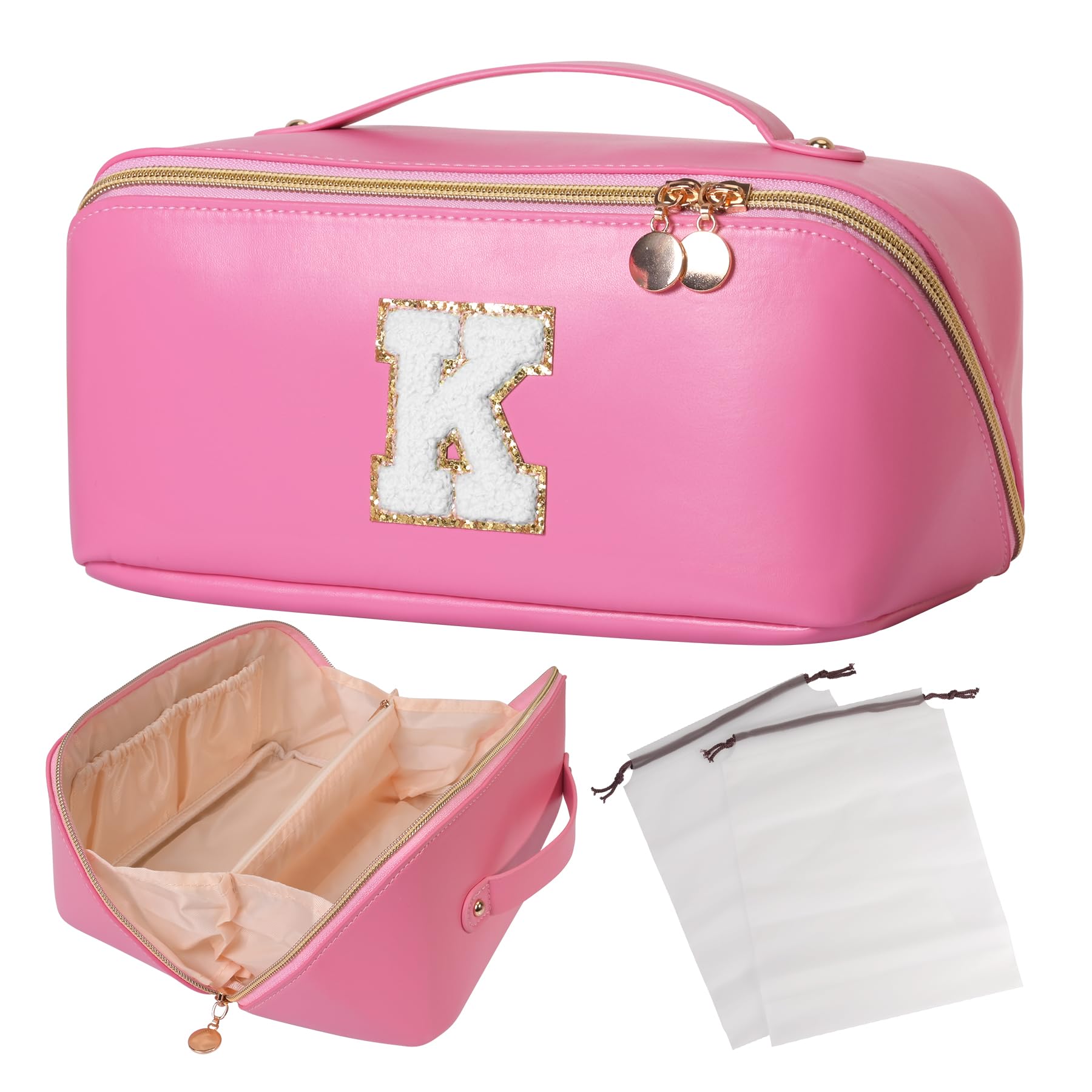 VogewoodPersonalized Makeup Bag - Large Capacity Initial Cosmetic Bag Monogram, Large Opening Cosmetic Bag with Dividers and Handle, Open Flat for Easy Access, PU Leather, Toiletry Bag Gift for Women