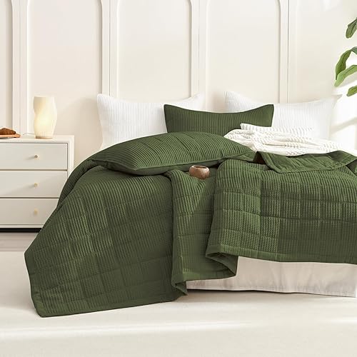 Miniatura 22 de Sanracie Colcha de Algodón King de Gran Tamaño (128"x120"), Juego de Edredón Caqui de Gofre de 3 Piezas, Suave y Ligero, Juego de Ropa de Cama King