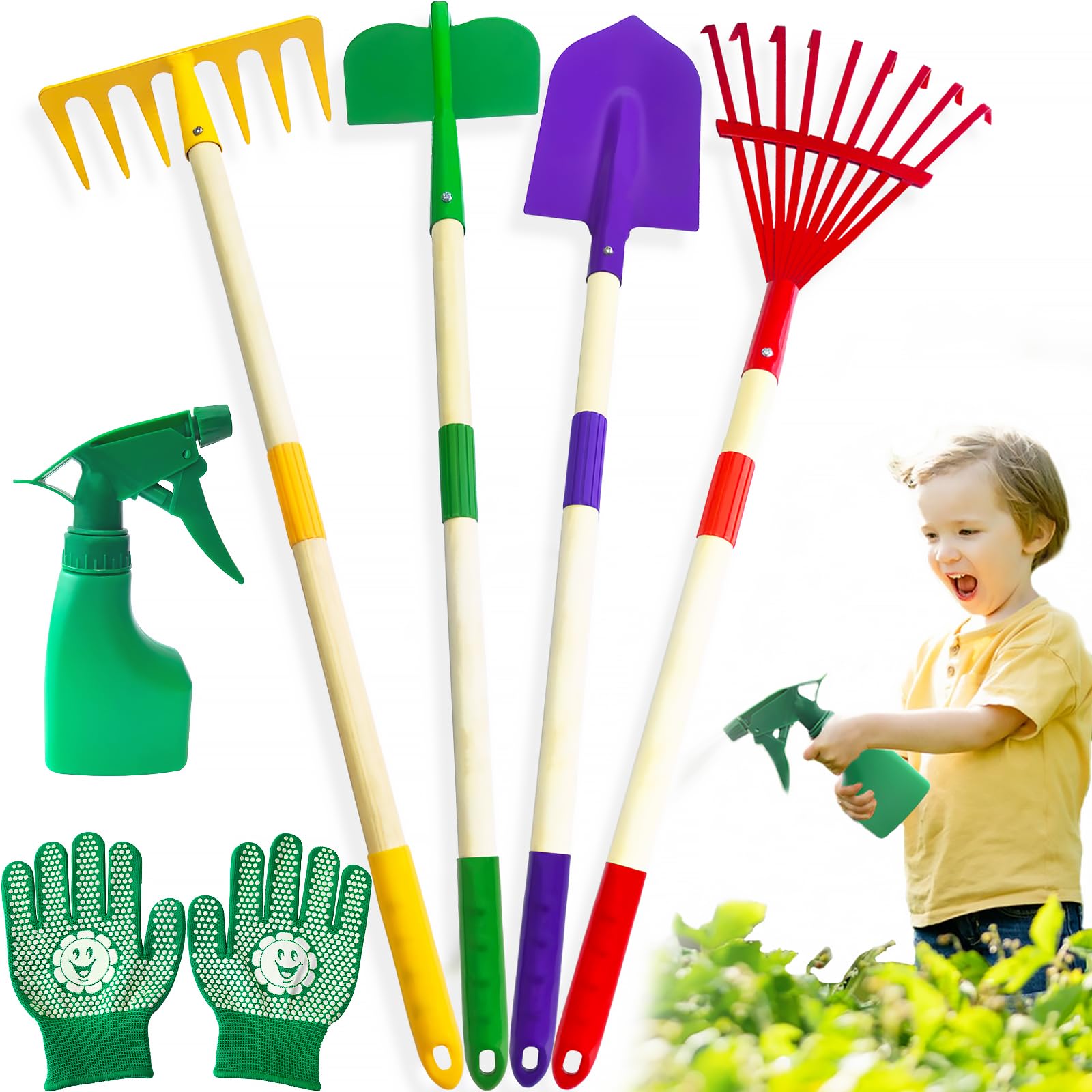Lalloply Kids Gardening Set 6 PCS Outdoor Toys for Toddlers Age 3-5 Garden Toys with Shovel, Rake, Hoe