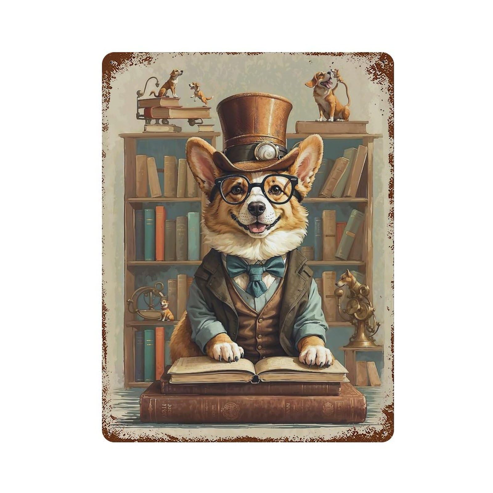 Vintage Book Smart Corgi Aged Metal Wall Plaque 15.7"x11.8", Industrial Home Decor for Pub, Kitchen And Man Cave Decor