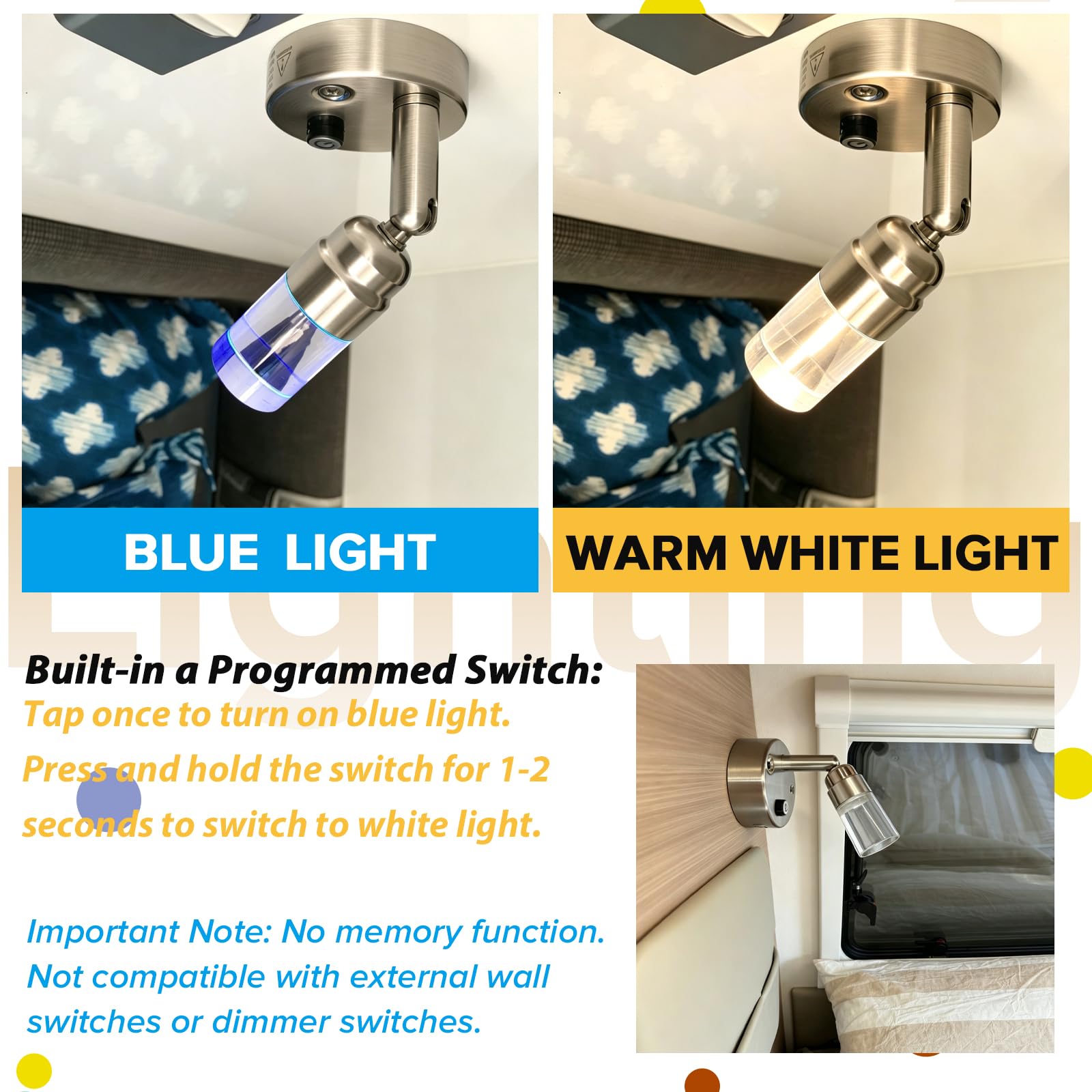 Luces de lectura para caravana de 12 V, luz interior para caravana con puerto USB, iluminación LED con cargador USB-C para mesita de noche de 2 W, 100 lm, 12 voltios, azul claro y blanco, 3000 K