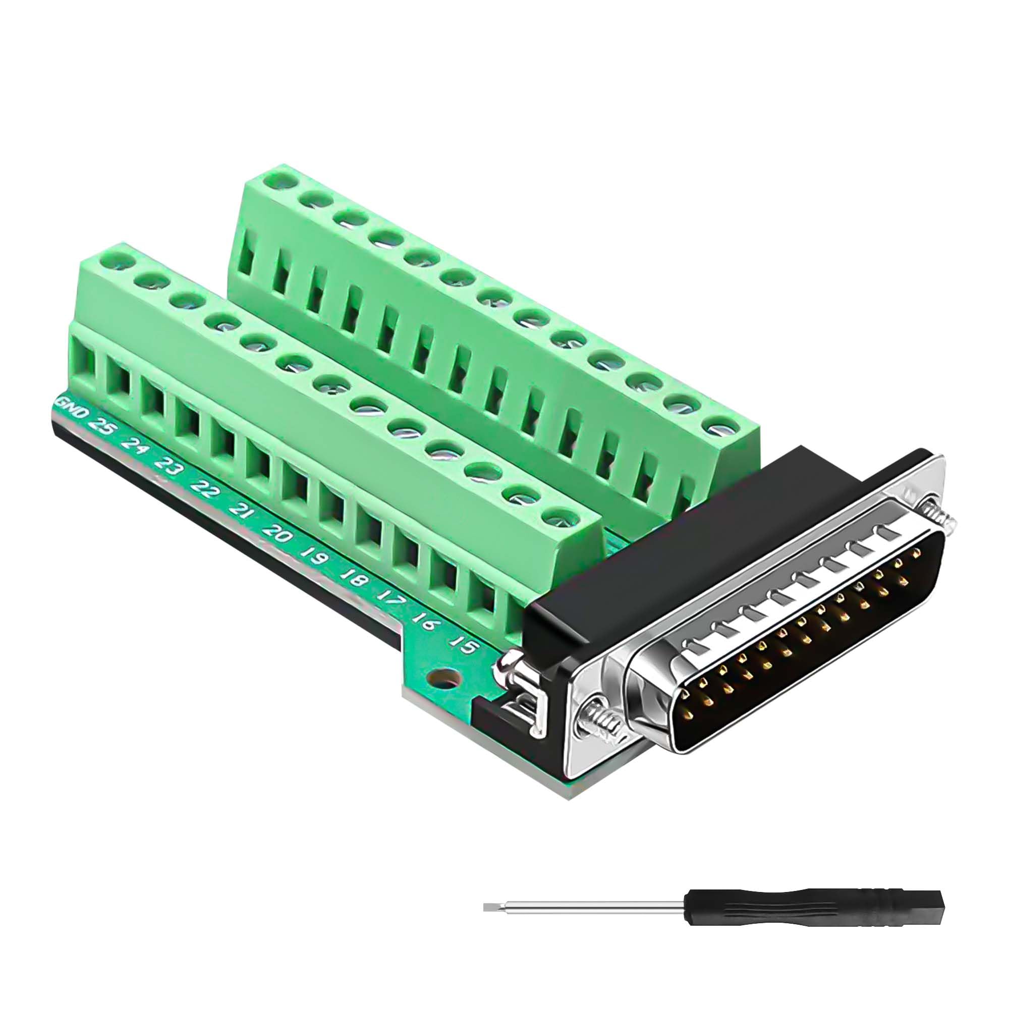 DB25 adapter zacisków śrubowych, wtyczka DB25 do bloku zacisków zaciskowych, 25-biegunowa, bezlutowa deska breakout Board D-SUB, adapter zacisk przyłączeniowy z podkładką izolacyjną (DB25, 1