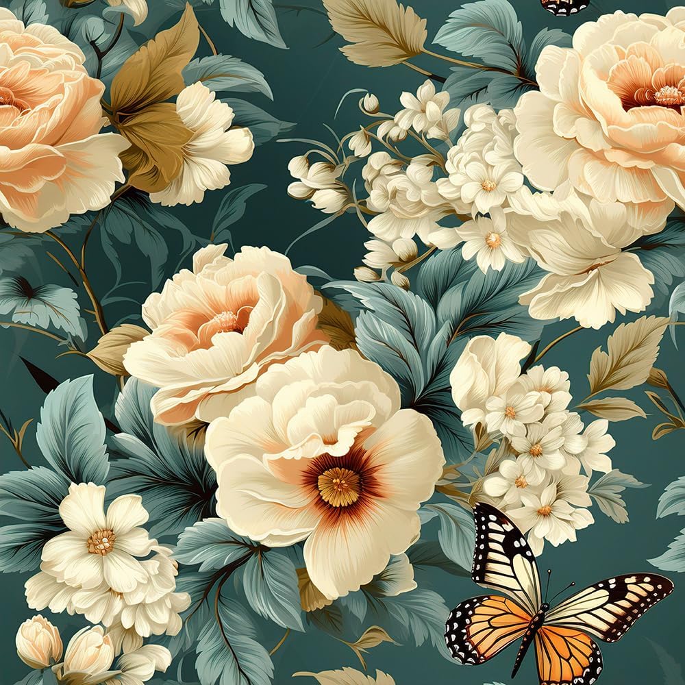 18"x236" Vintage Boho Green/Beige Peony Florals Peel and Stick Self Adhesive Wallpaper Removable Contact Paper Stick on Easy Peel Off Wall Paper for Kitchen Bedroom Bathroom Renter