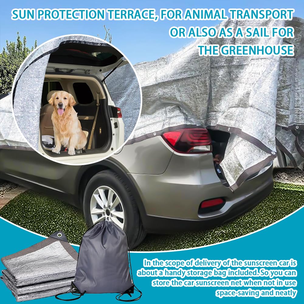 Rete ombreggiante per auto, 3 x 4 m, rete parasole per auto, rete ombreggiante riflettente, in alluminio con occhielli, 80% UV, per serra patio, cane, animali