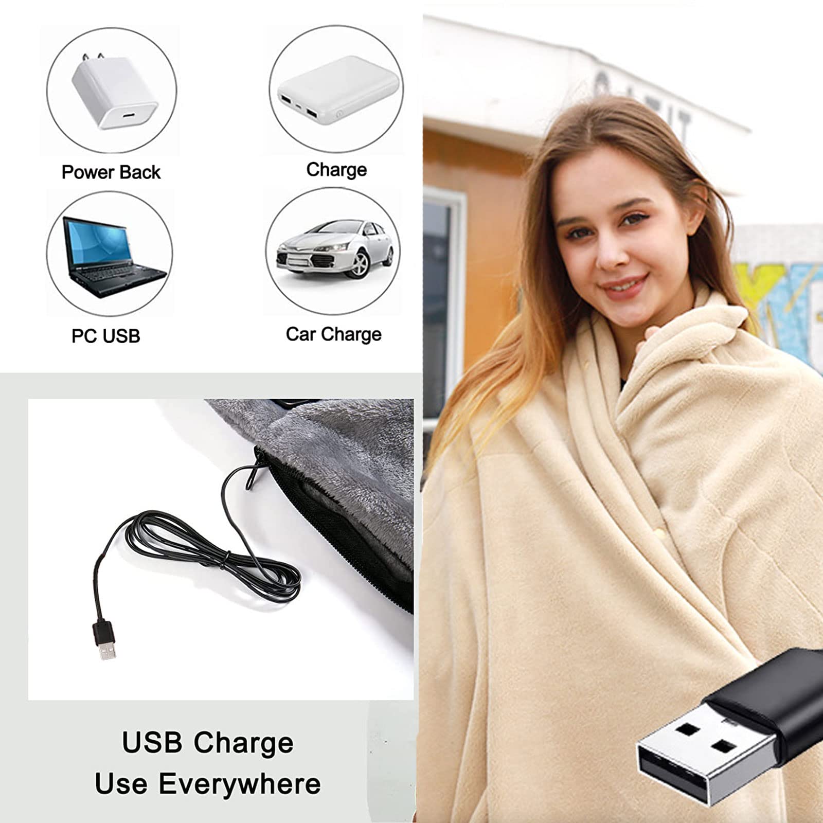 Couverture chauffante Portable en Flanelle, Rechargeable par USB, Lavable, pour Voiture, Bureau, Batterie, Gris, 160 x 85 cm