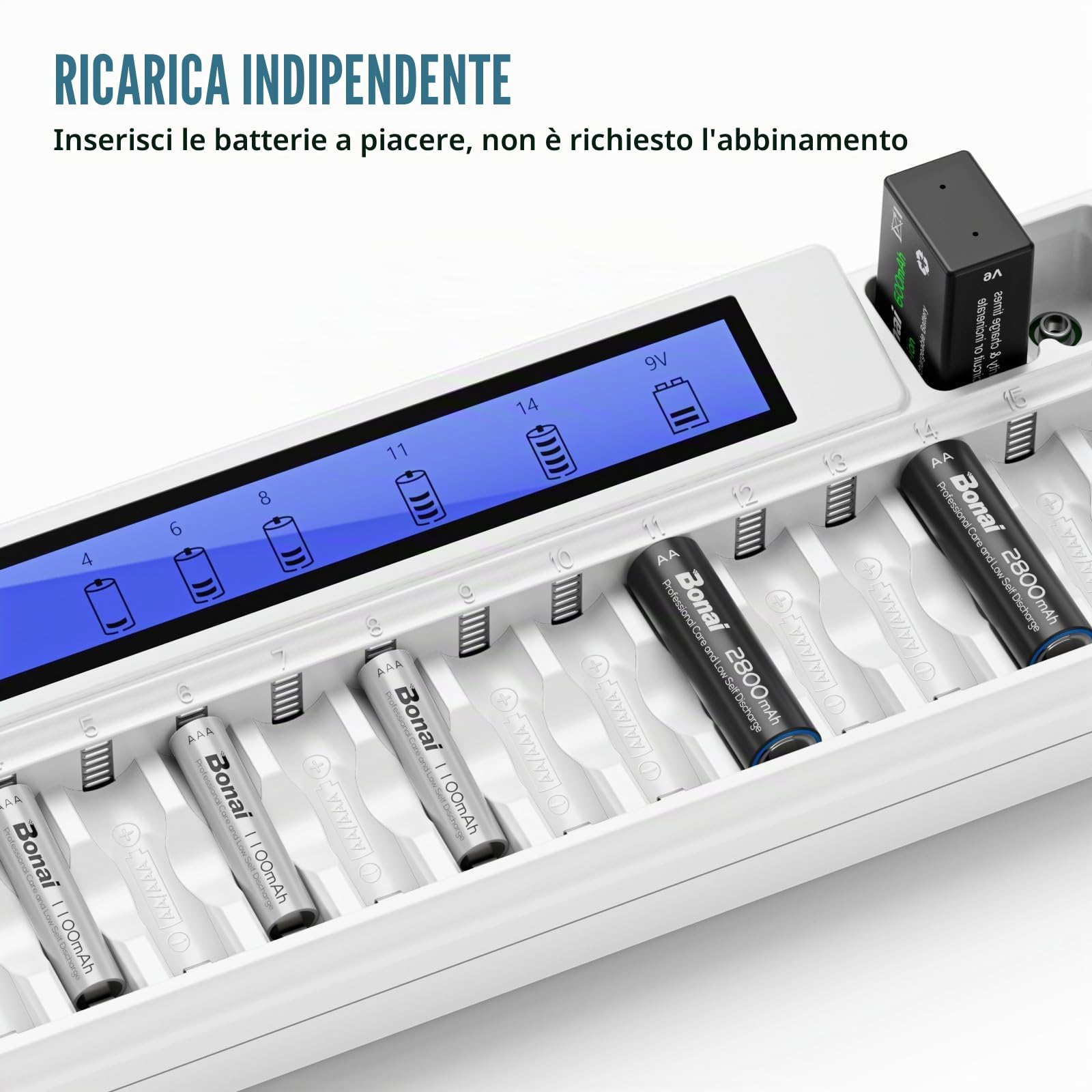 BONAI Caricabatterie Professionale 18 Slot per Pile AA AAA Ni-MH e 9V, Carica Batterie con Ampio Schermo LCD, Ingresso DC 12V/2A e Riconoscimento Automatico 9V Litio/Ni-MH