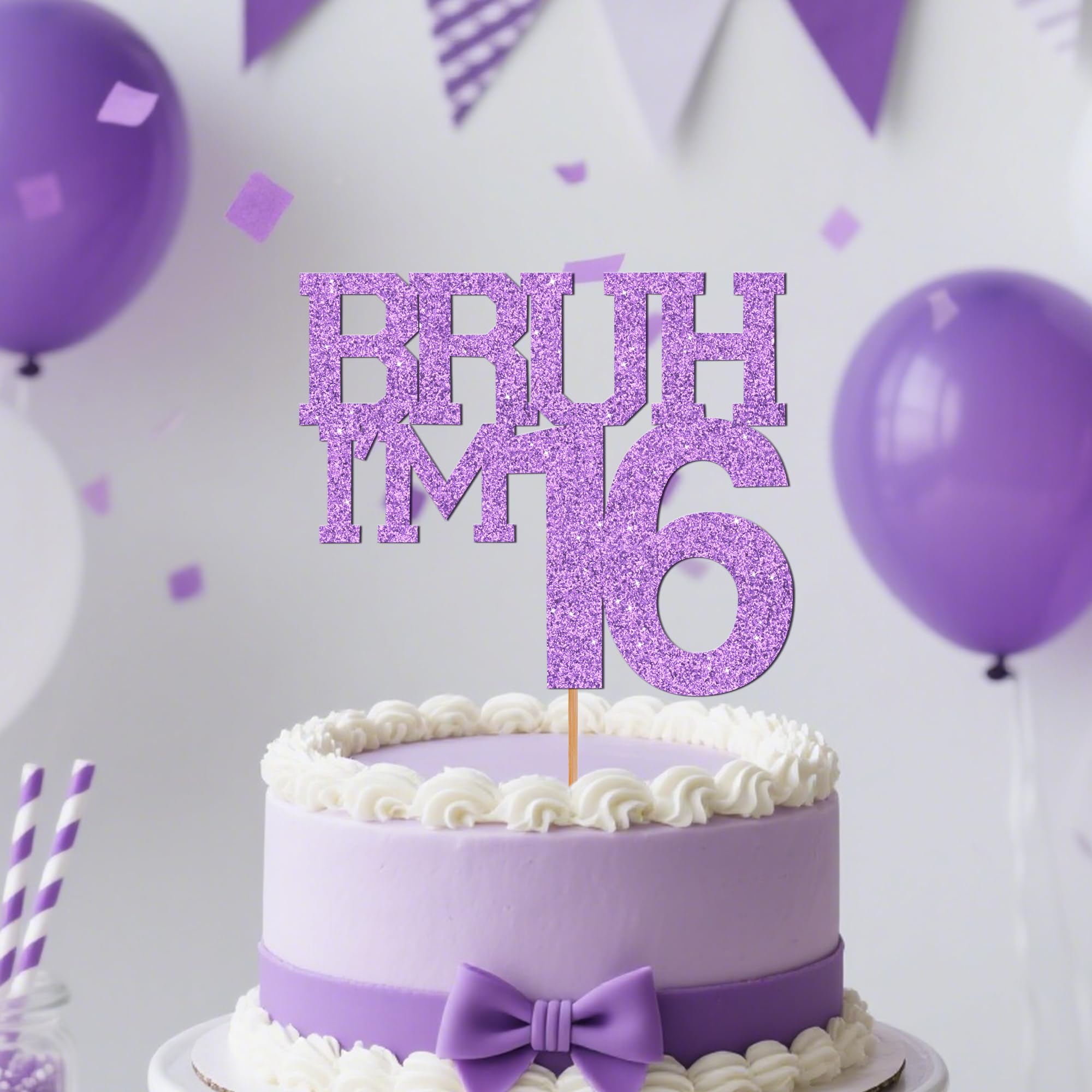 Purple Glitter Bruh I'm 16 Birthday Cake Topper, Funny Happy Birthday Decorations for Boys Girls 16th Birthday Party Cake Decorations Supplies