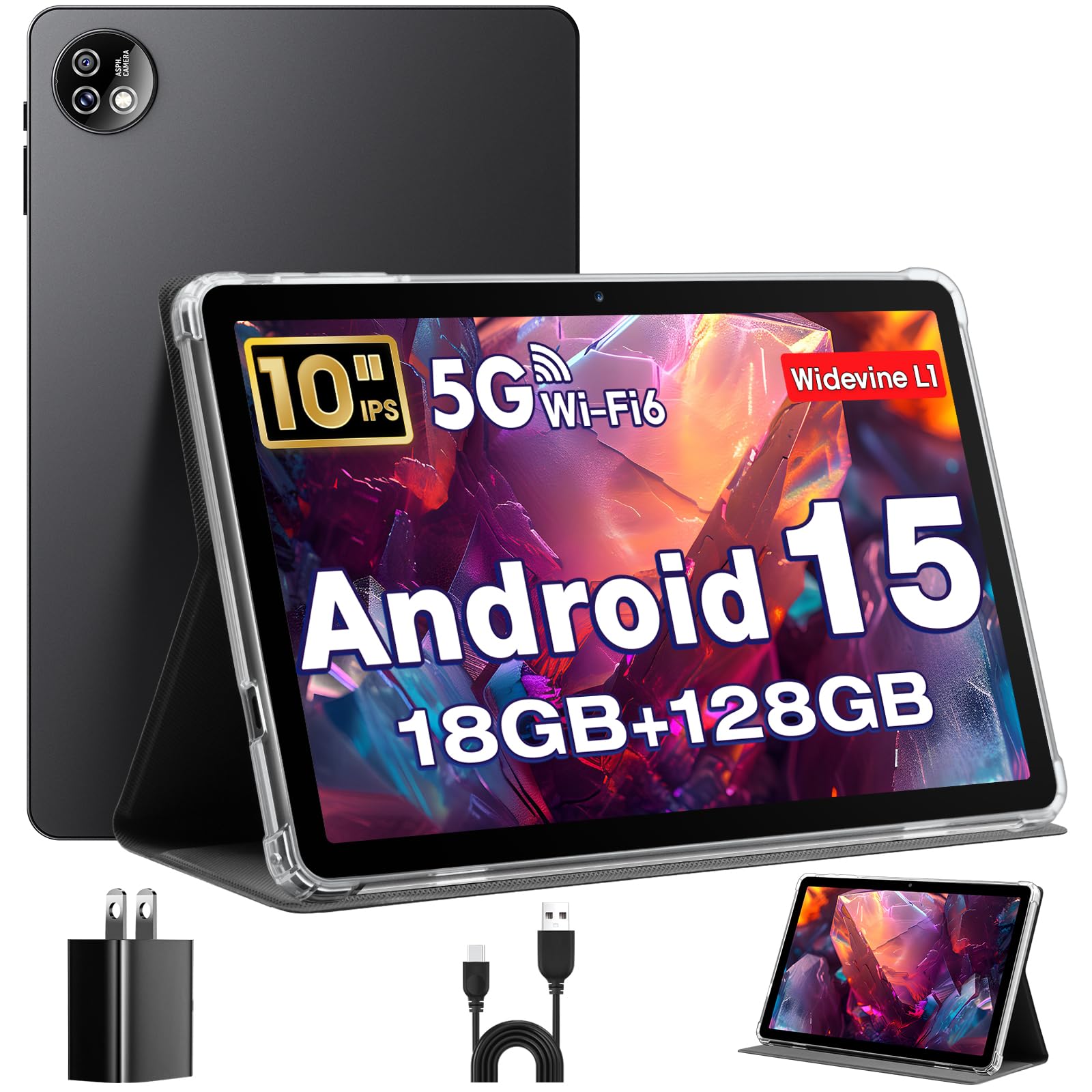 Tablette Android, Android Tablets 10 Inch, Octa-Core Tablet, 18GB+128GB, 1TB Expand, 1280x800 IPS HD Display, GPS, Widevine L1, 5G+2.4G WiFi, 5MP+8MP Dual Camera, Bluetooth5.4, 6000mAh, Black