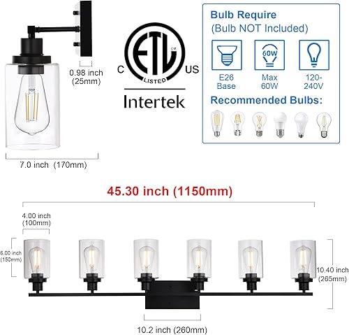 Miniatura 4 de MELUCEE Lámpara de tocador negra de 6 luces, aplique de pared de metal industrial para dormitorio, pasillo, cocina, pantalla de vidrio transparente