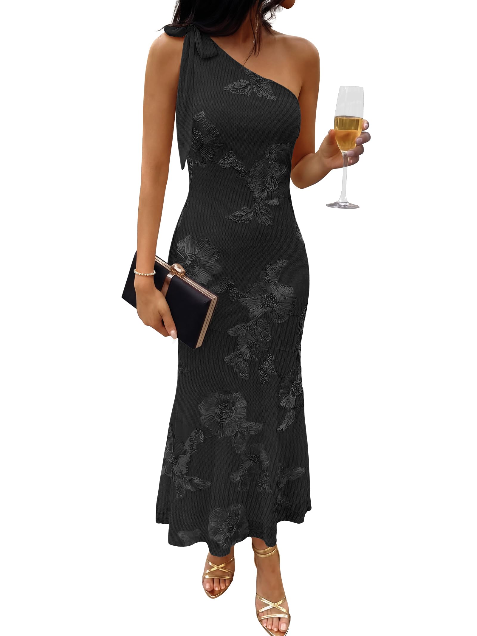 Photo 1 of Caracilia Womens Floral One Shoulder Formal Dress Summer Elegant Bodycon Mesh Wedding Guest Cocktail Party Long Maxi Dresses Black S