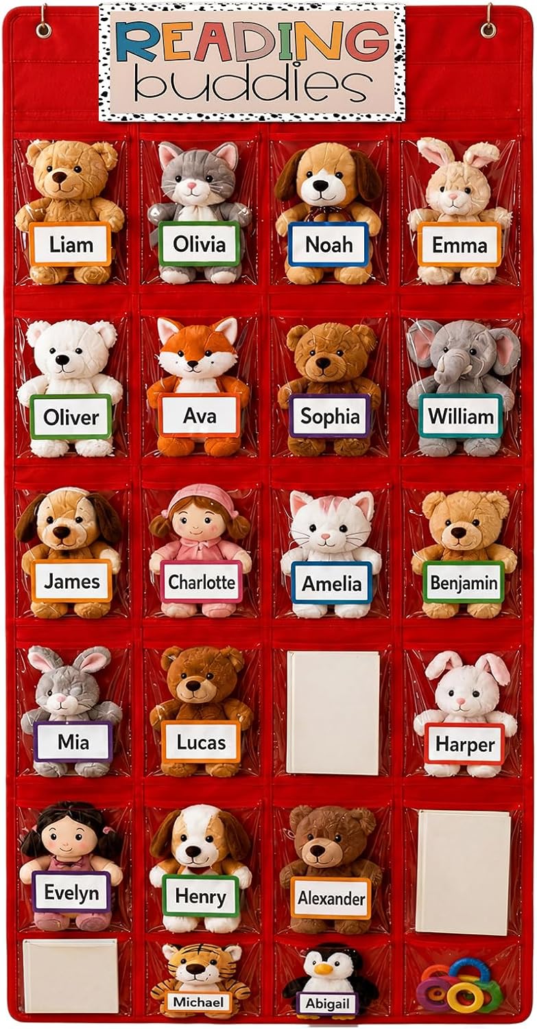 24 Pocket Classroom Reading Buddies Storage Organizer over The Door Hanging Small Stuffed Animal Holder with Card Blank Name Tags Classroom Pocket Chart for Preschool Kindergarten Reading Corner