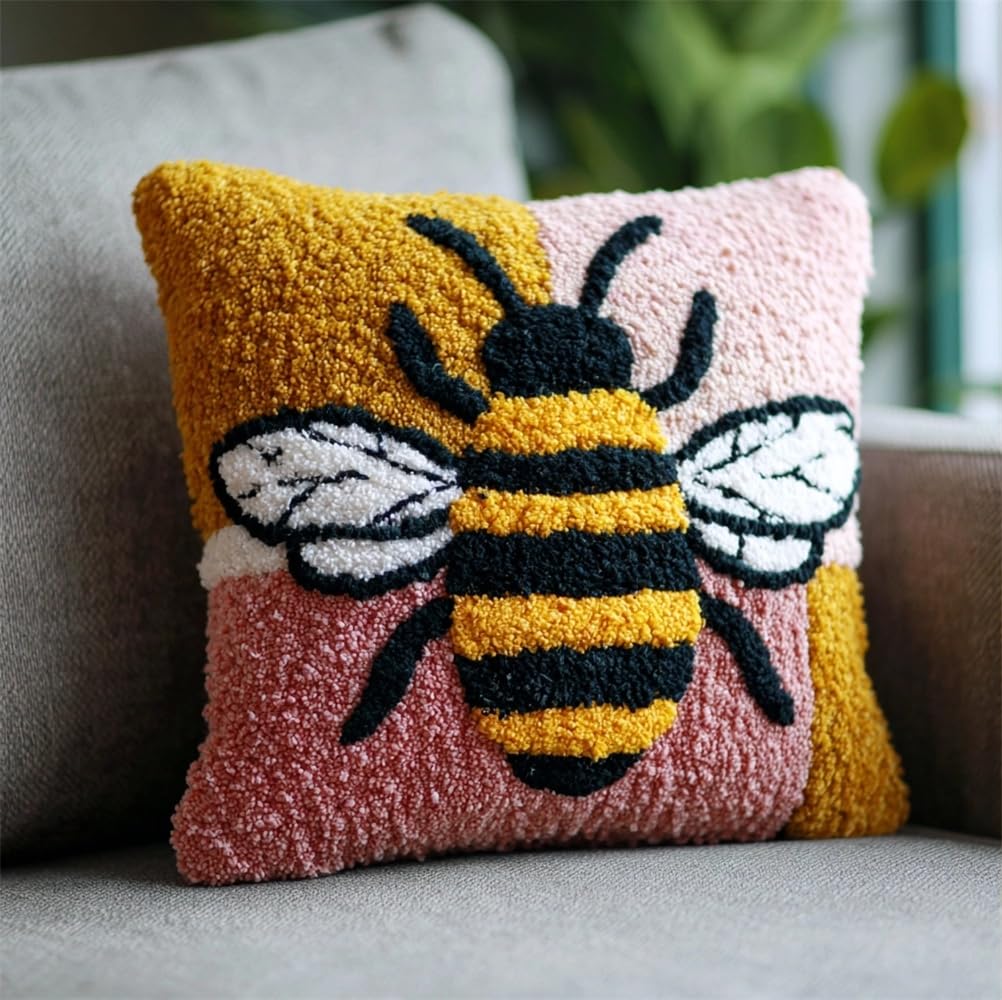 kitphoenix Latch Hook Kits, Latch Hook Kit for Beginners Bee Throw Pillow Cover Pattern Printed Sofa Cushion Crochet Needle for Carpet Embroidery 17X17Inch