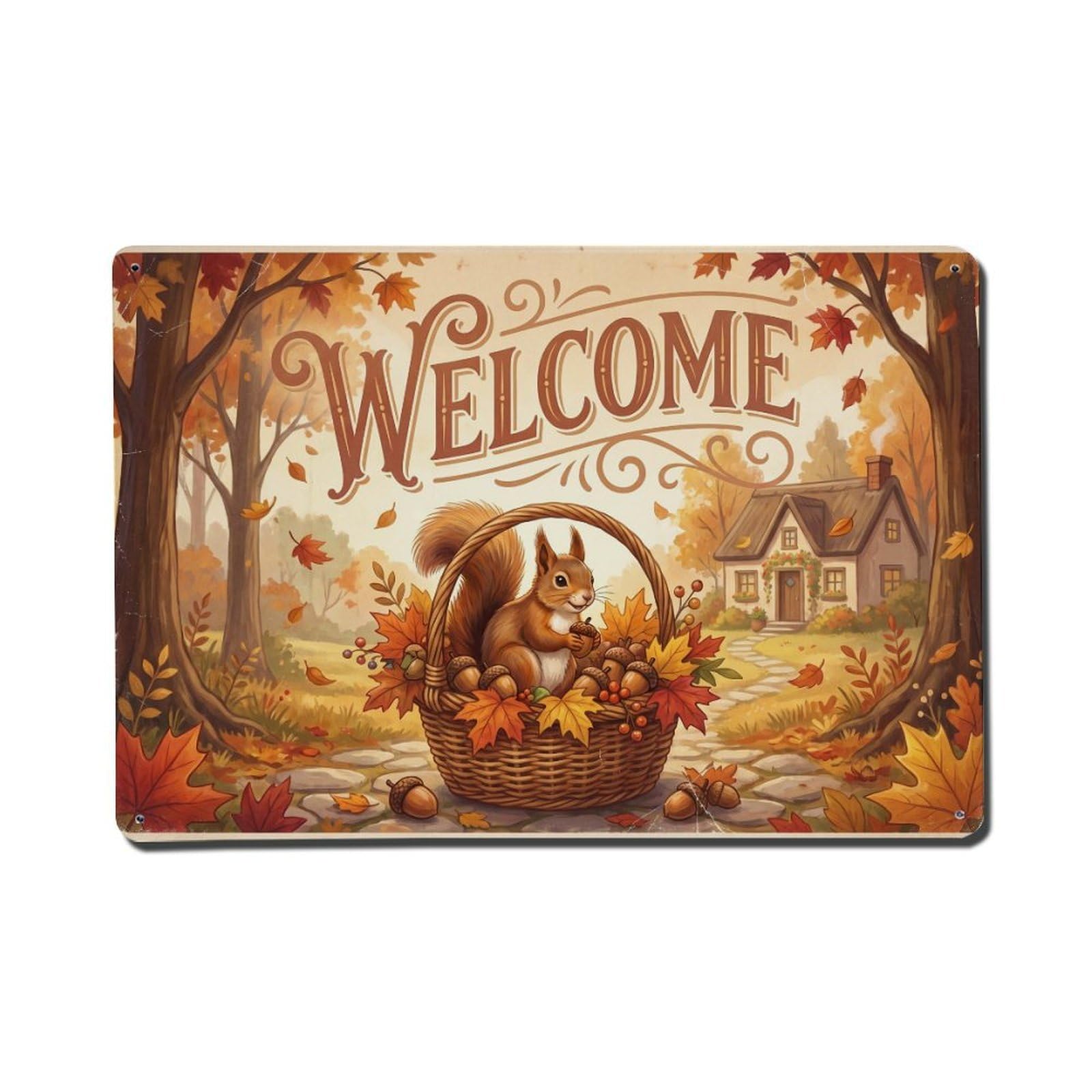 Vintage Welcome Squirrel Autumn Leaves（1） Metal Tin Sign