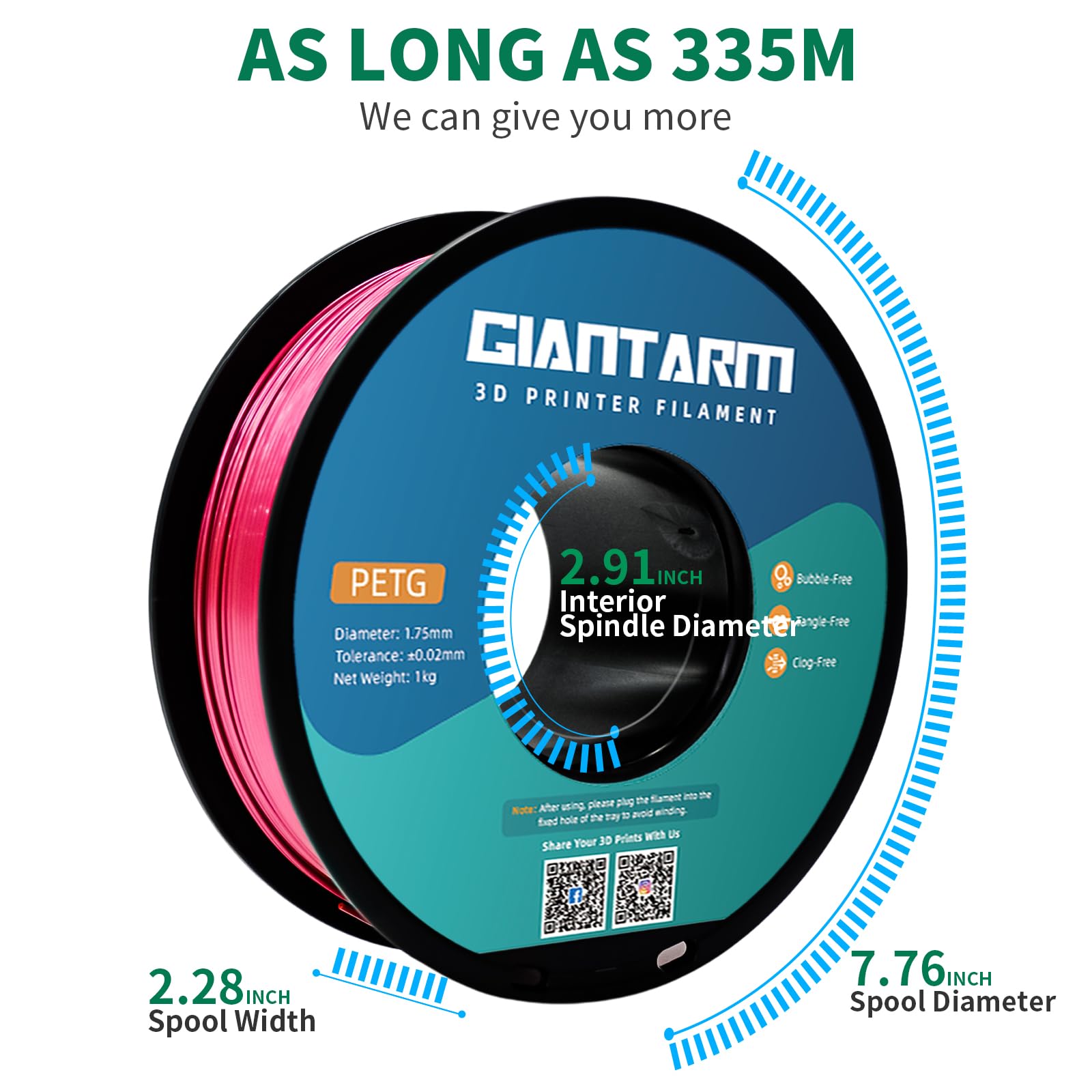 GIANTARM PETG Filamento 1,75 mm metallo rosa per stampante 3D bobina da 1 kg, PETG precisione dimensionale +/- 0,03 mm