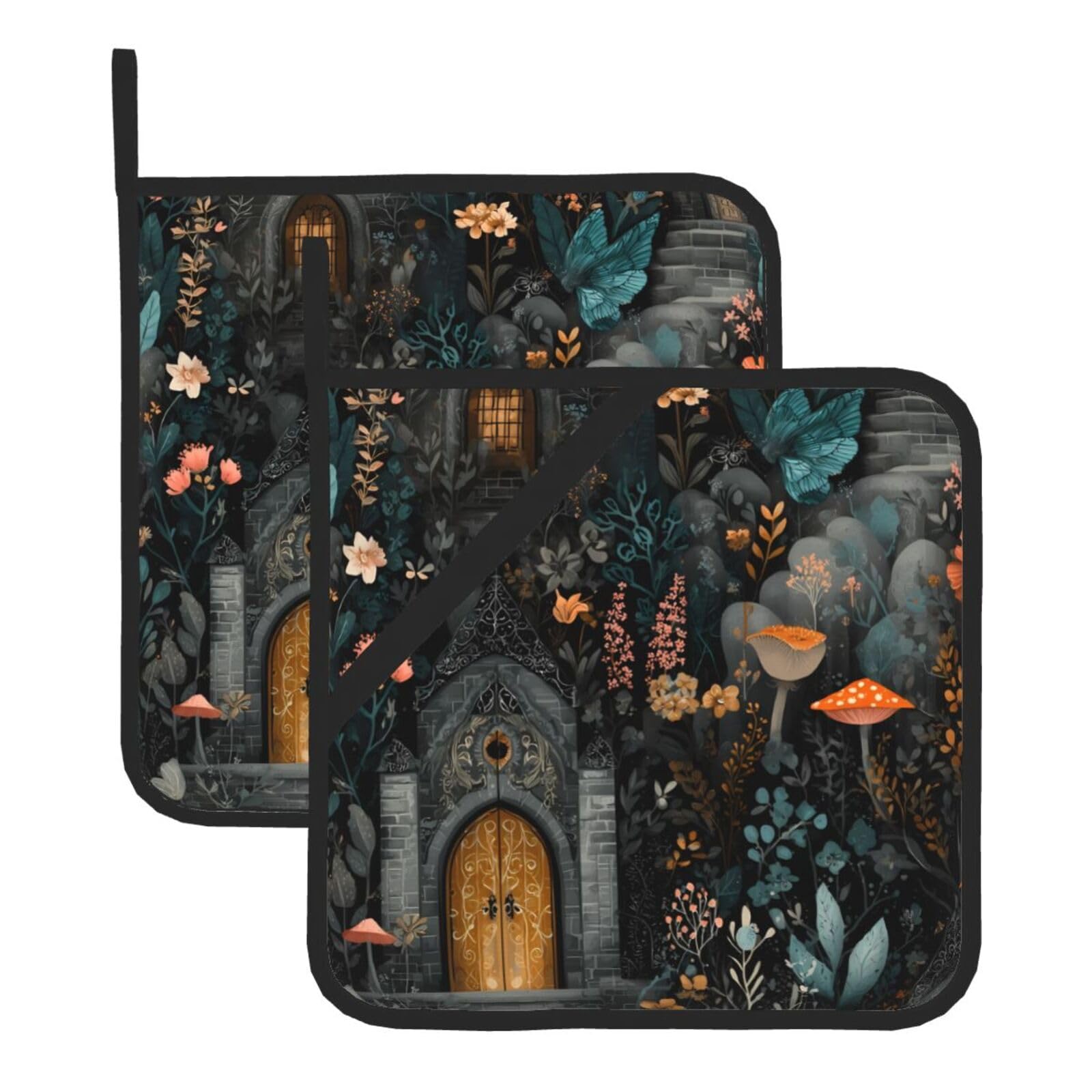 HJFCZH Castle Garden Printed Square Insulated Pot Mat Set (2-Piece) 8x8in Waterproof, Thickened & Easy to Clean with Lanyard Design for Kitchen, Oven & BBQ