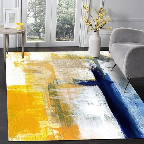 Alfombra contemporánea moderna abstracta azul amarillo vibrante de 6 x 9 pies, de lana ultra suave, para sala de estar, dormitorio, comedor,