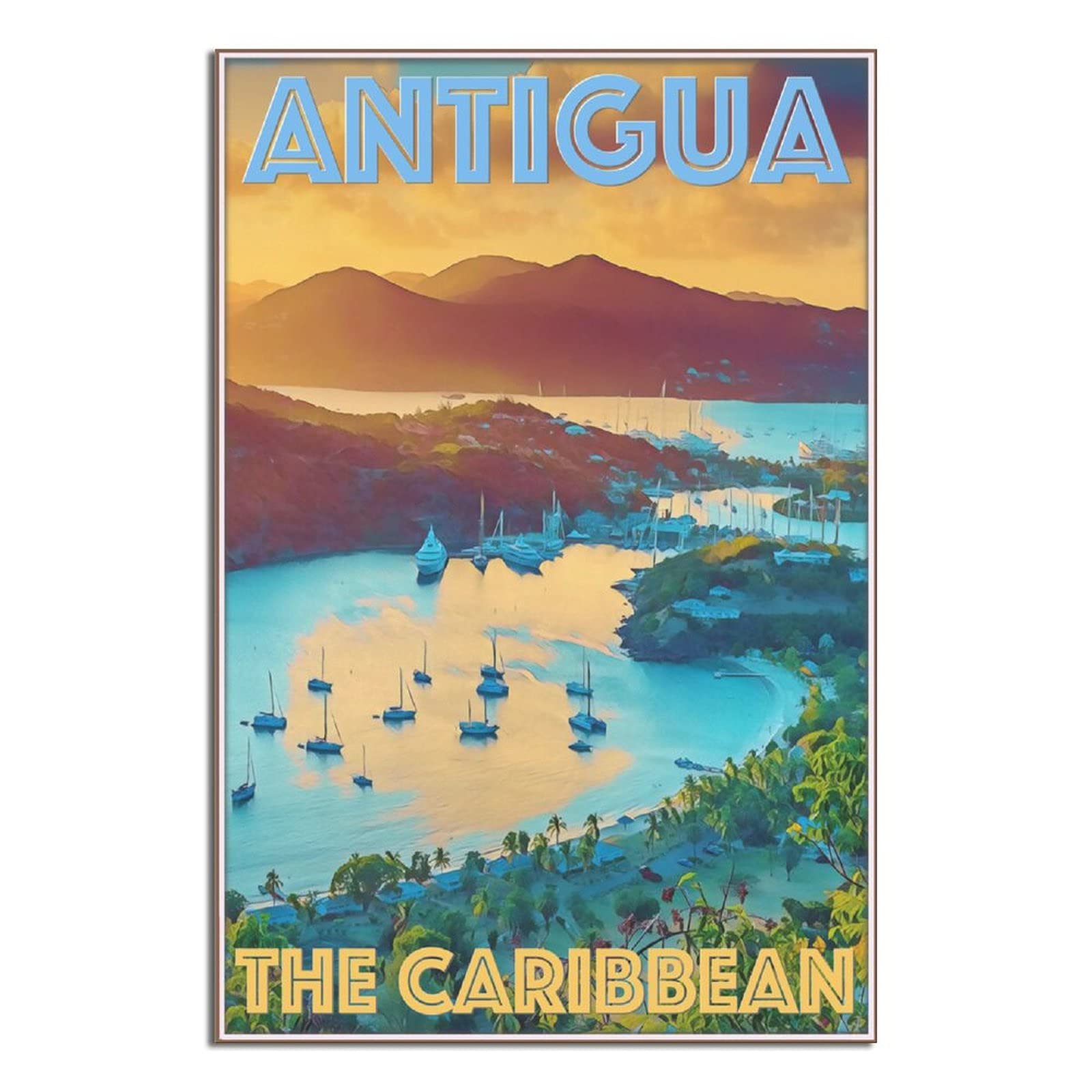KZIWQ Metal Tin Sign Antigua Caribbean Boats Sunset Vintage Nautical 15x30cm Wall Sign