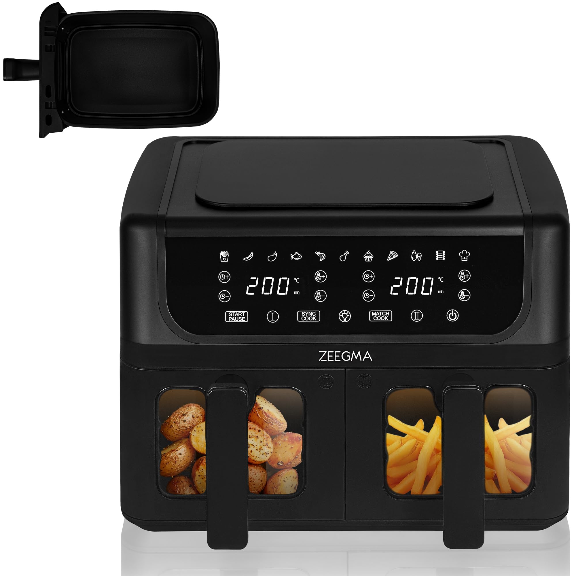 ZEEGMA KNAPPER DUAL Freidora de Aire Con Compartimento Doble 1700 W, 2 Compartimentos, 9 L de Capacidad, 11 Programas, Temperatura 60-200 °C Calentamiento Instantáneo 60 s Panel táctil