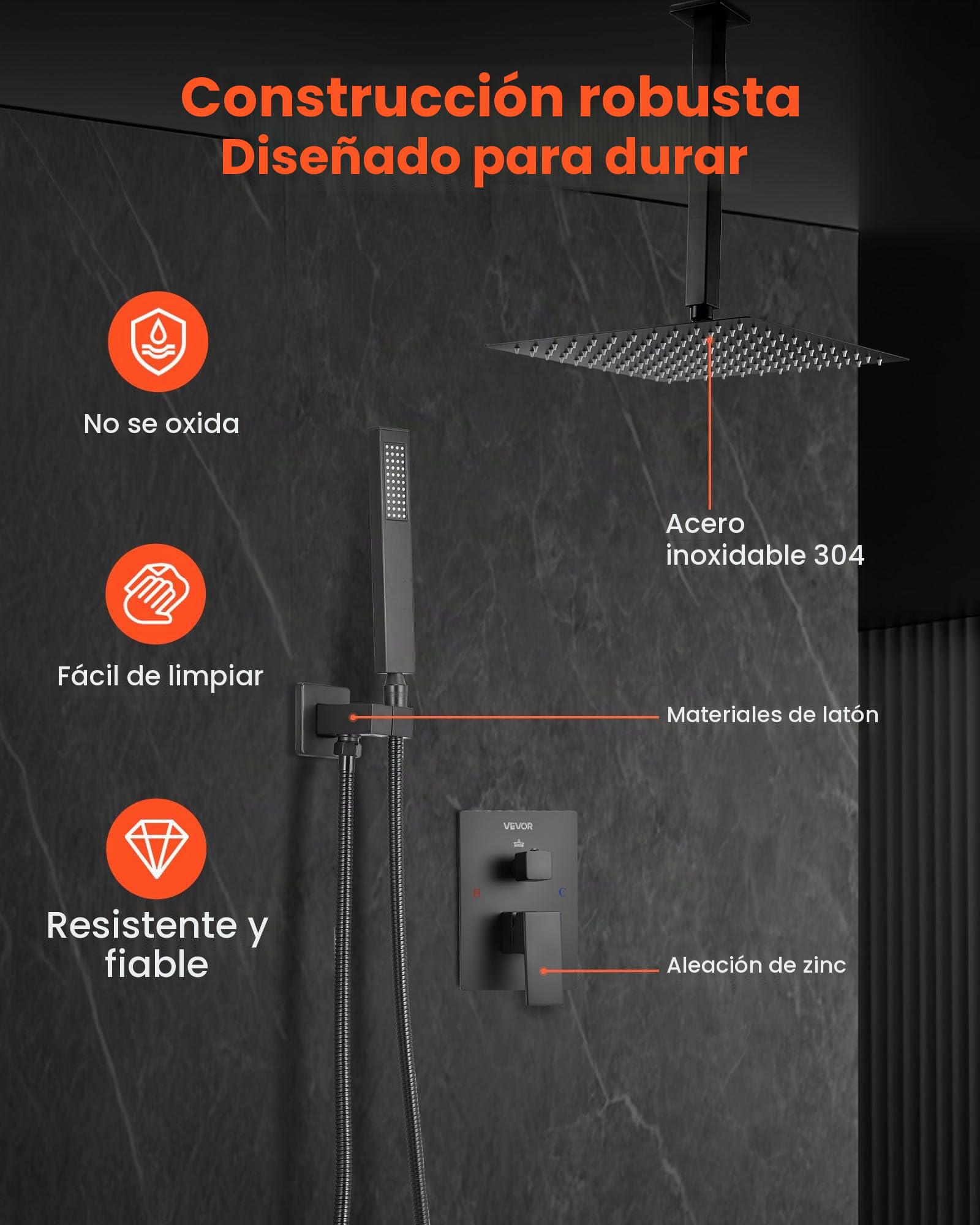 VEVOR Juego de Grifo de Ducha de Lluvia con Cabezal de Ducha Cuadrado de 25,4 cm y Rociador de Mano, Grifería de Techo con Válvula de Latón y Kit de Embellecedor, 6,7 L/min, Color Negro Mate