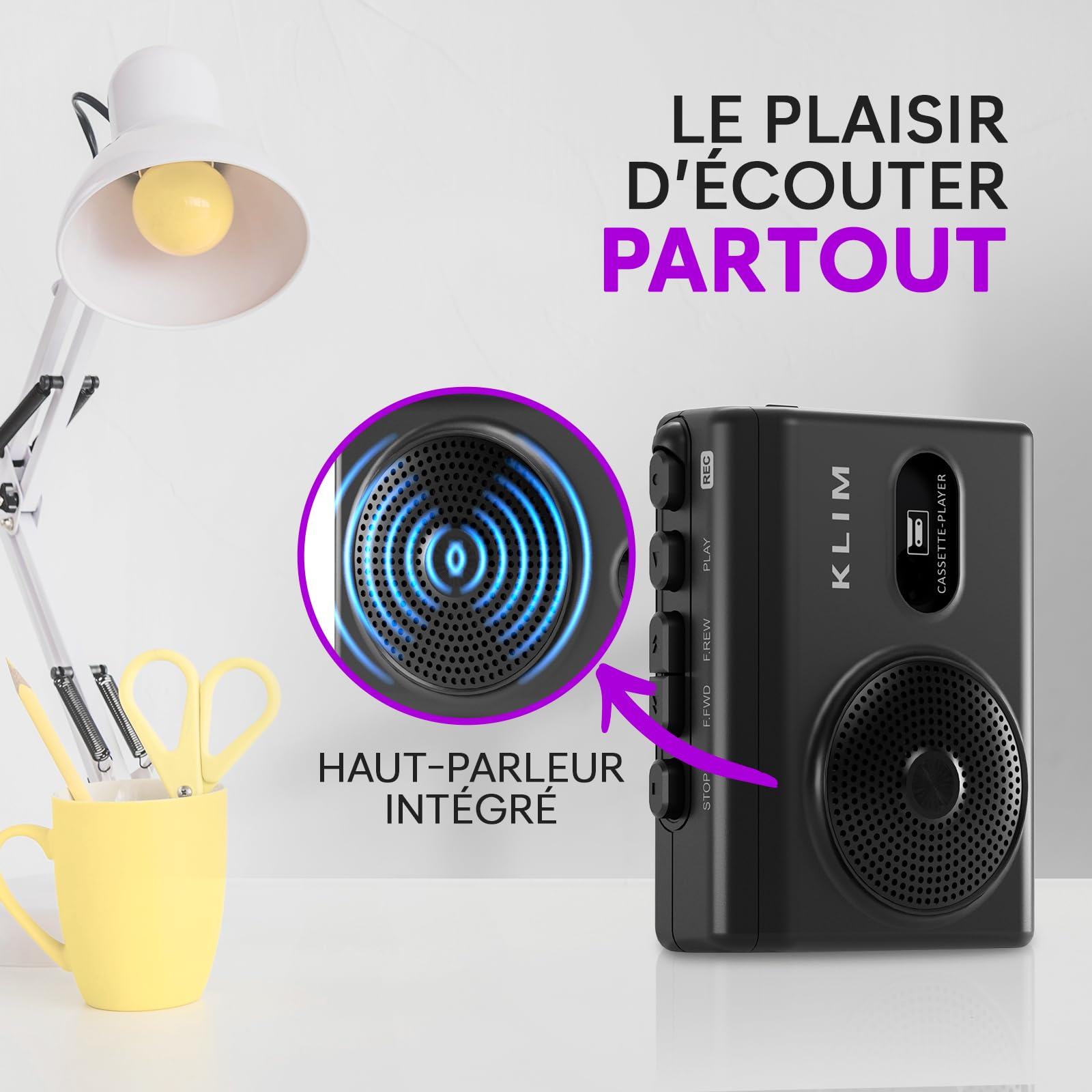 Lecteur Cassette Audio Enregistreur KLIM K9 – Baladeur Cassette Portable avec Haut-Parleur, Microphone, Prise Casque, Alimentation Piles AA/AC, 2 Piles et Écouteurs Inclus