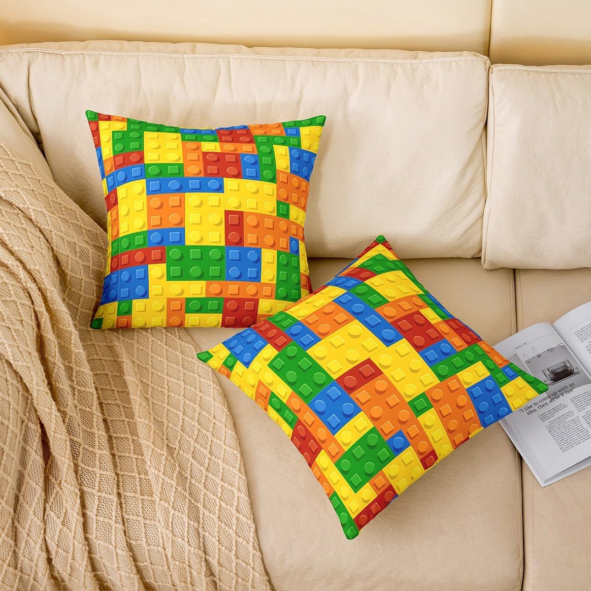 Feelyou Set of 2 Games Throw Pillow Covers, Color Building Blocks Cushion Case for Home Living Room Decor, Reversible Toy Brick Decorative Throw Cushion Case, 24x24 Inches