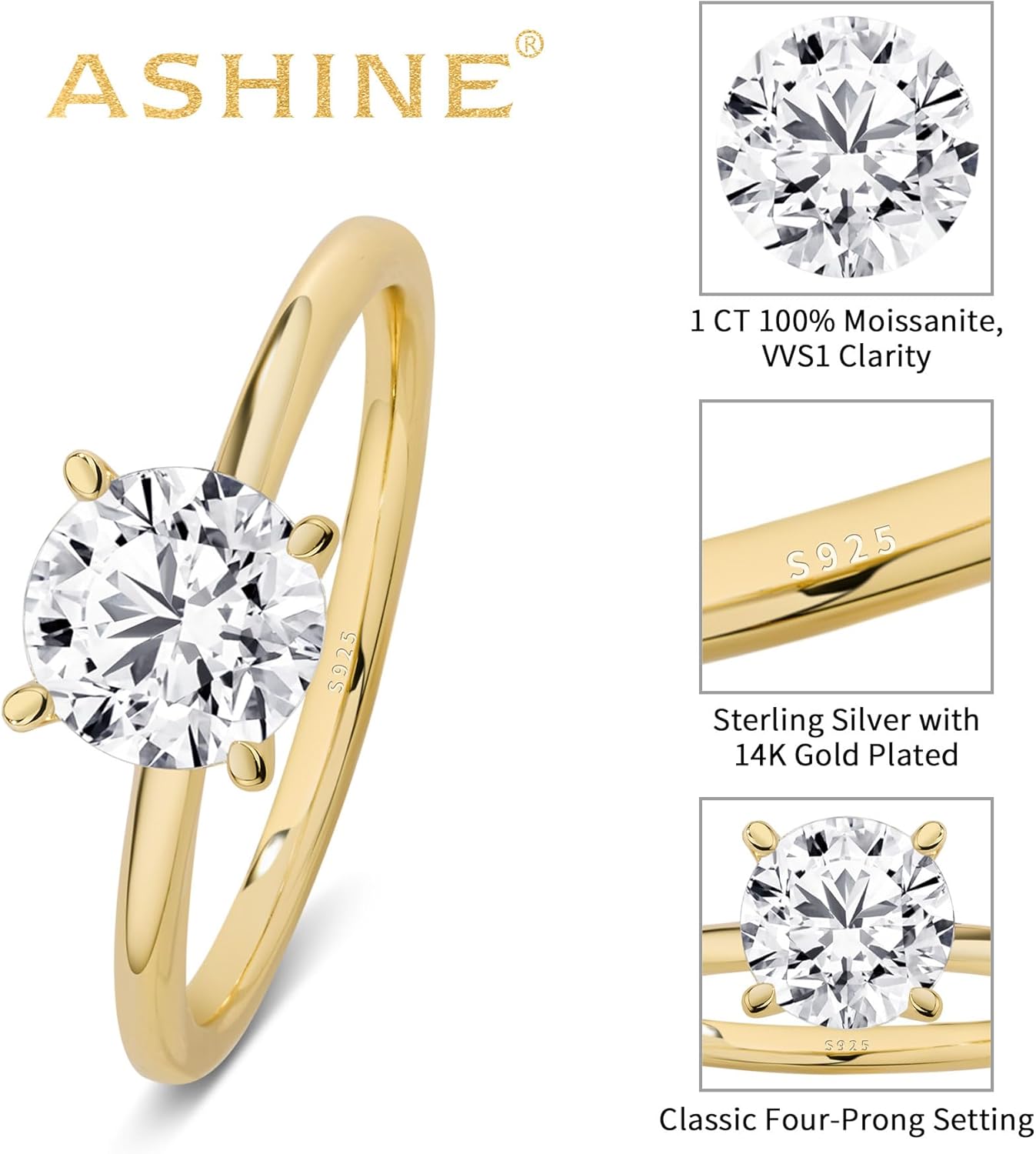 ASHINE 1CT Round Cut Moissanite Engagement Ring, 925 Sterling Silver Gold Plated Solitaire, VVS1 Clarity Promise Ring for Women