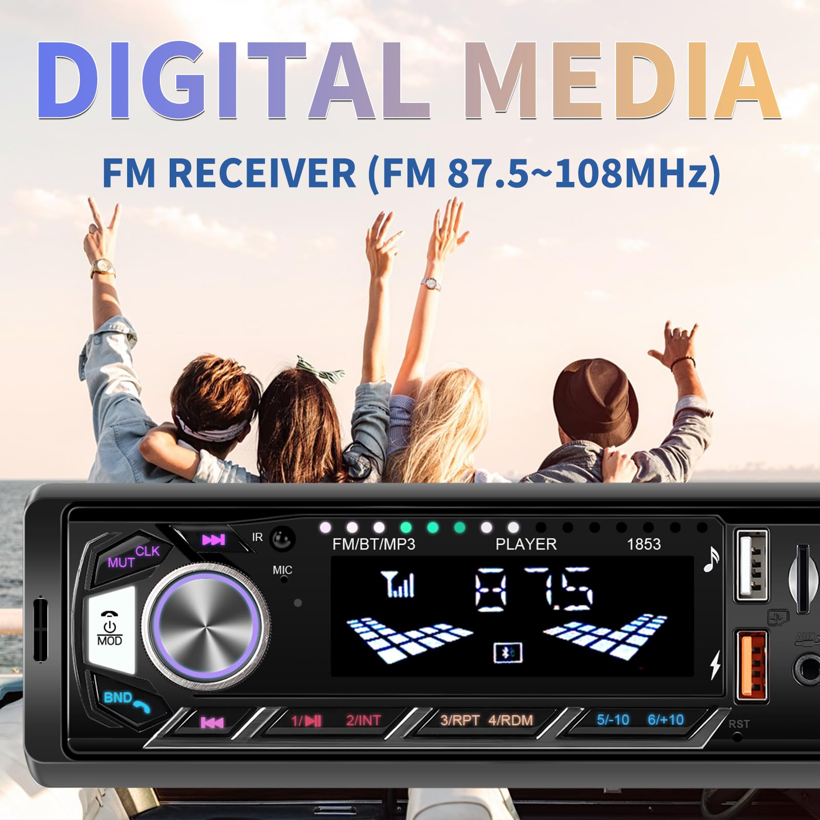 Inefala 1 Din Autoradio mit Telefonhalterung, Radio 1 DIN mit FM, Bluetooth, USB, AUX-Eingang, Freisprecheinrichtung, Unterstützt 7 Farben Beleuchtung und Schnellladung