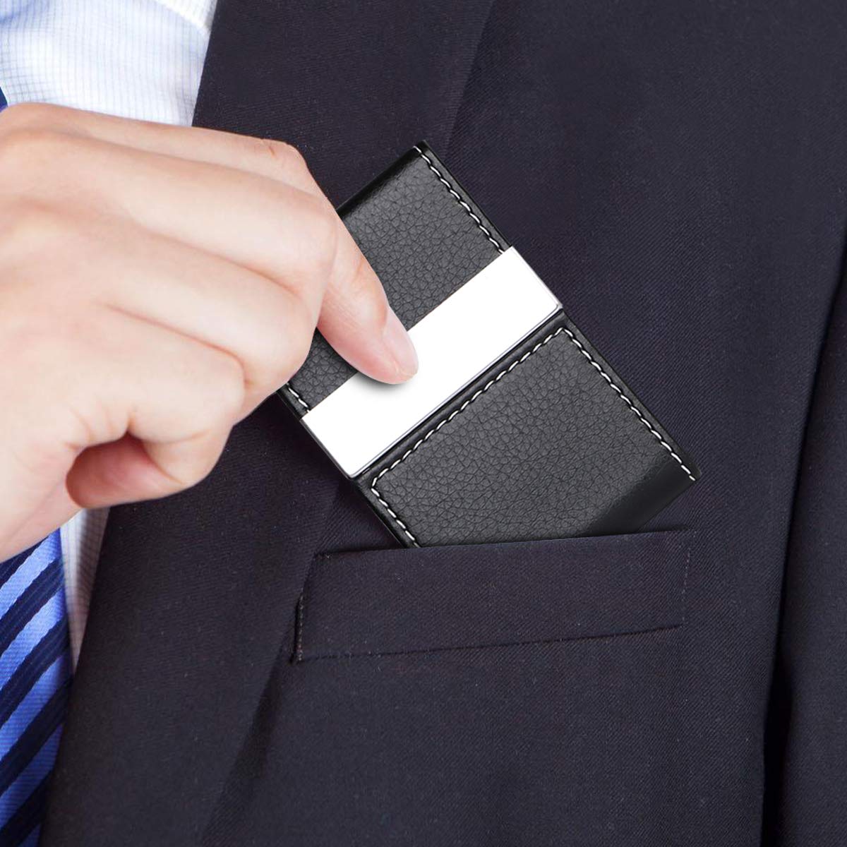 flintronic Etui na wizytówki, etui na karty kredytowe ze skóry PU, smukłe etui na dowód osobisty ze stali nierdzewnej dla mężczyzn/kobiet, podwójnie otwierana klamra magnetyczna, utrzymuje wizytówki w