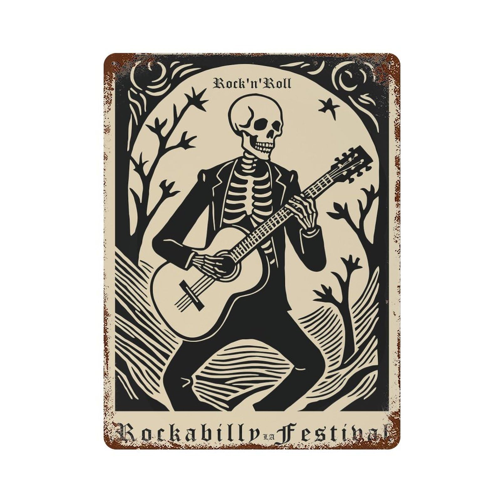 Vintage Rust Metal Sign RocknRoll Rockabilly Festival Skeleton Guitarist 15.7"x11.8", Old School Wall Decor for Garage, Bar And Workshop Decor