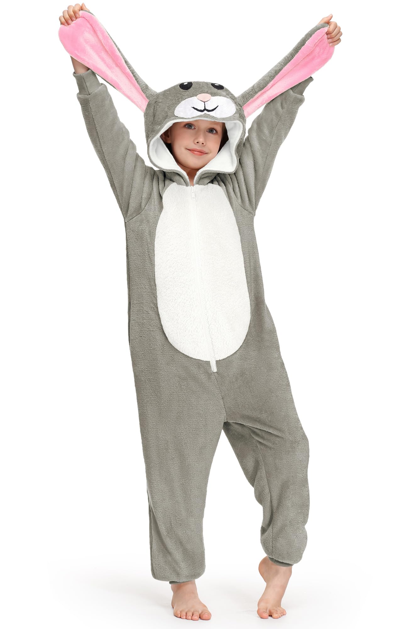 BesserBay Tuta intera unisex per bambini, con cappuccio, per Halloween, coniglietto peloso, 4-14 anni, Grigio | Tuta Coniglio, 8 anni