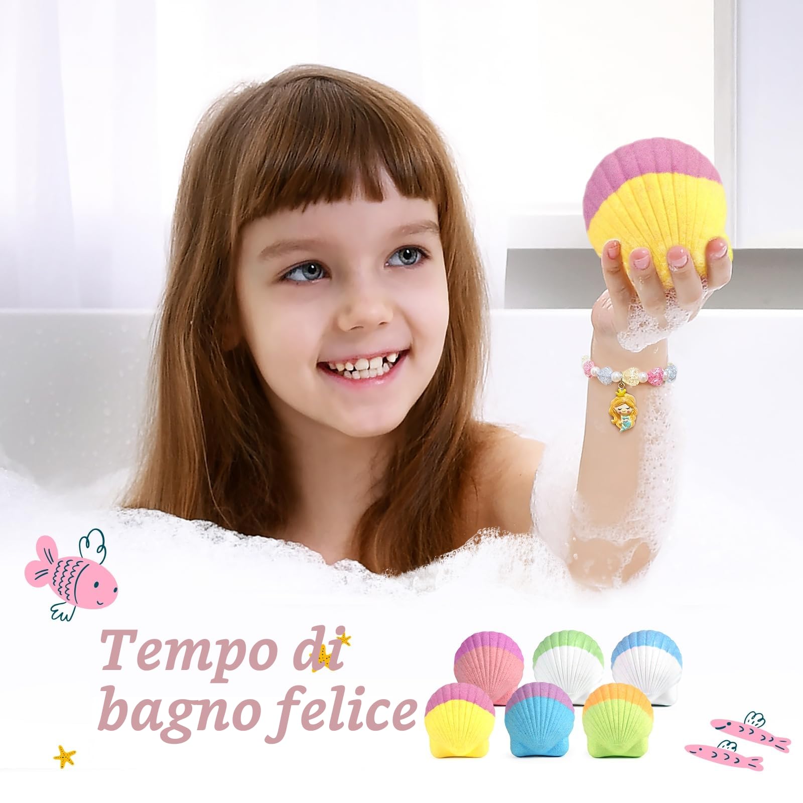 Bombe da bagno per bambini con sorpresa all'interno, 6 PCS bombe da bagno organiche per ragazze e bambini di età compresa tra 3 e 12 anni, set regalo palla da bagno compleanno con braccialetti sirena