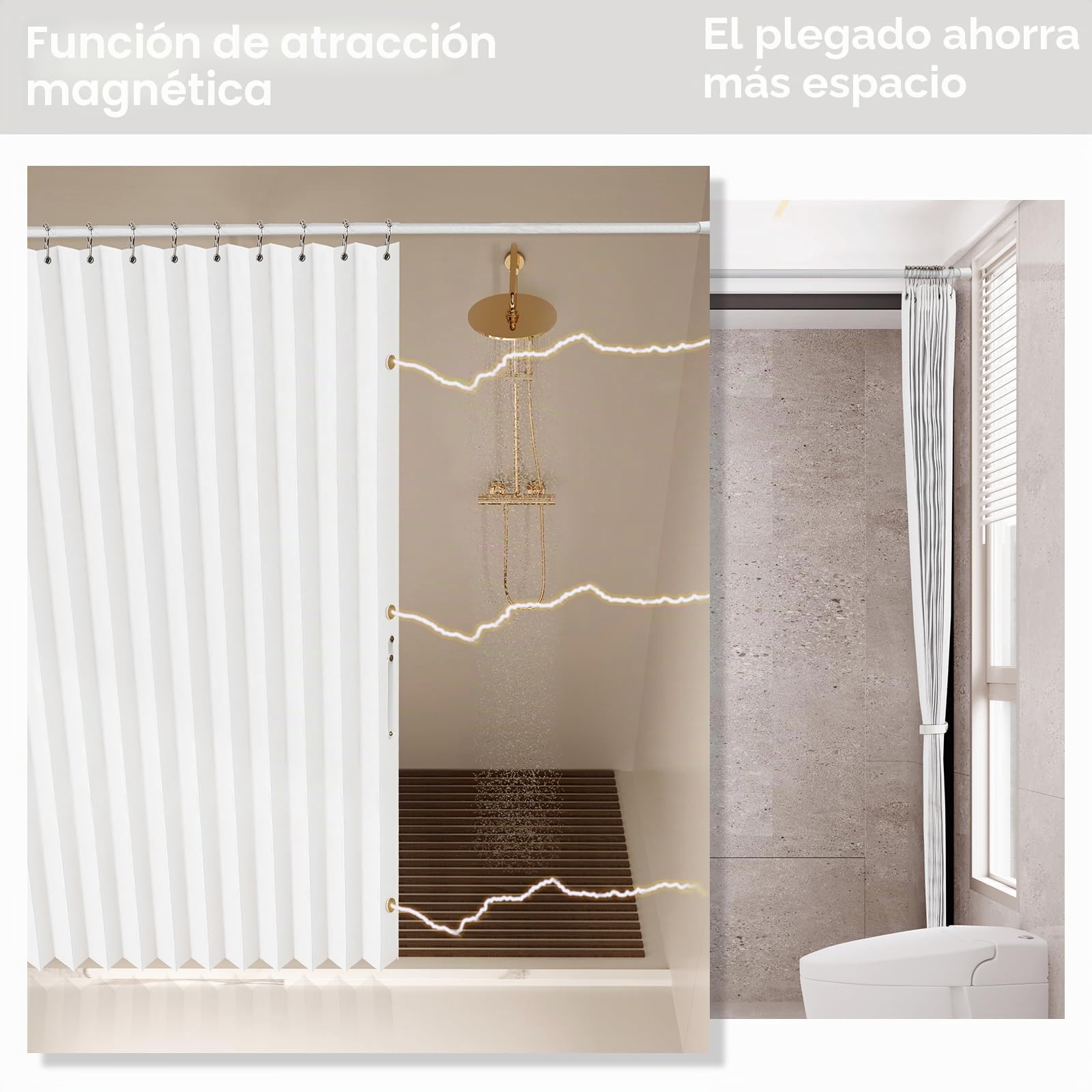 AJAZZ, Cortinas de Ducha Plegables magnéticas, Material de poliéster, Gancho para Cortina de Ducha, Cortina de Ducha Impermeable, Adecuada para Familia, Hotel, casa de Familia (Blanco, 77 Pulgadas de