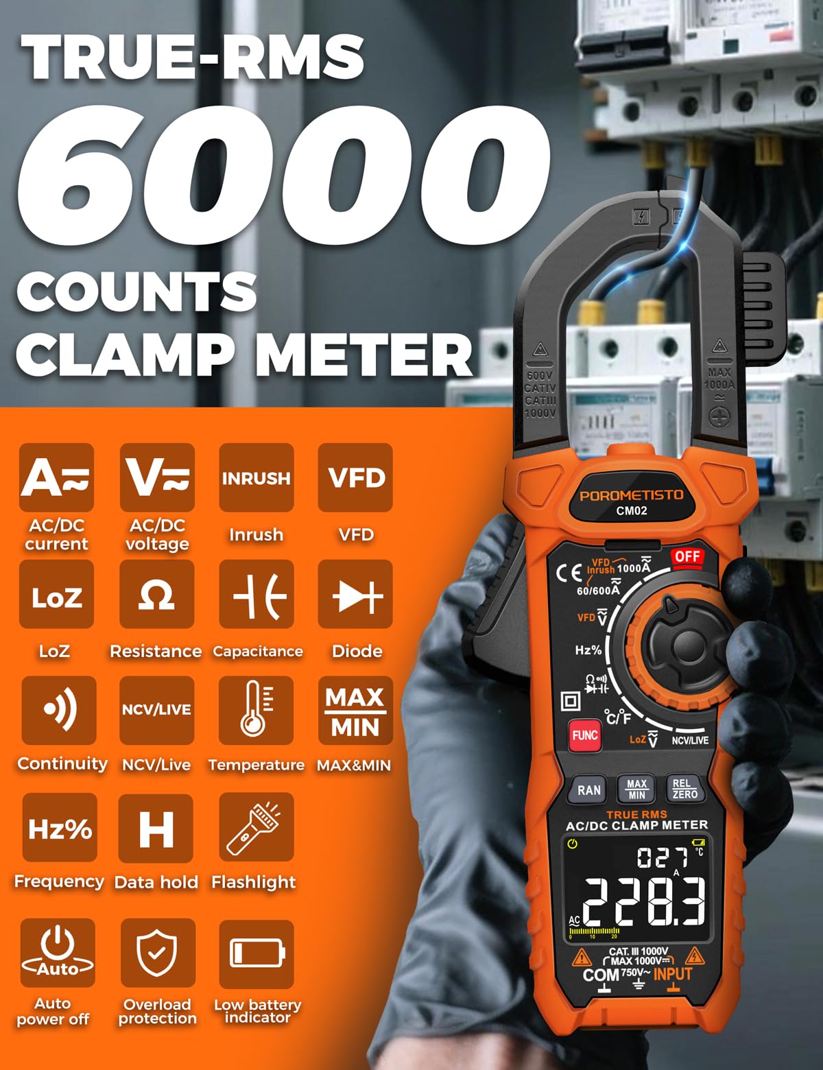 Clamp Meter POROMETISTO Digital Inrush Clamp Multimeter 6000 Counts 1000A — Amazon image 3