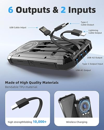 Miniatura 2 de Banco de energía solar de 20000 mAh, cargador inalámbrico con carga rápida de 15 W, 3 cables de datos, salida USB-C, linternas duales, batería