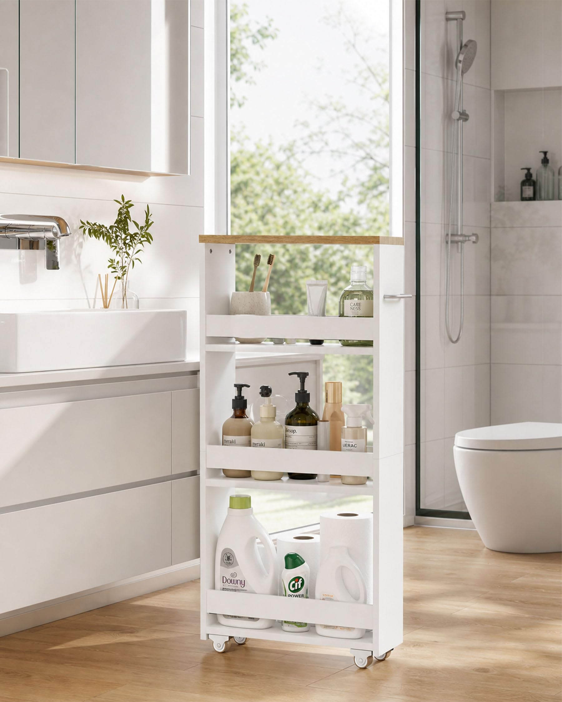 Desserte Salle de Bain à roulettes 40 x 14 x 80 cm Meuble Étroit 3 Niveaux Chariot de Rangement pour Salle de Bain Petit Espace Blanc Bois