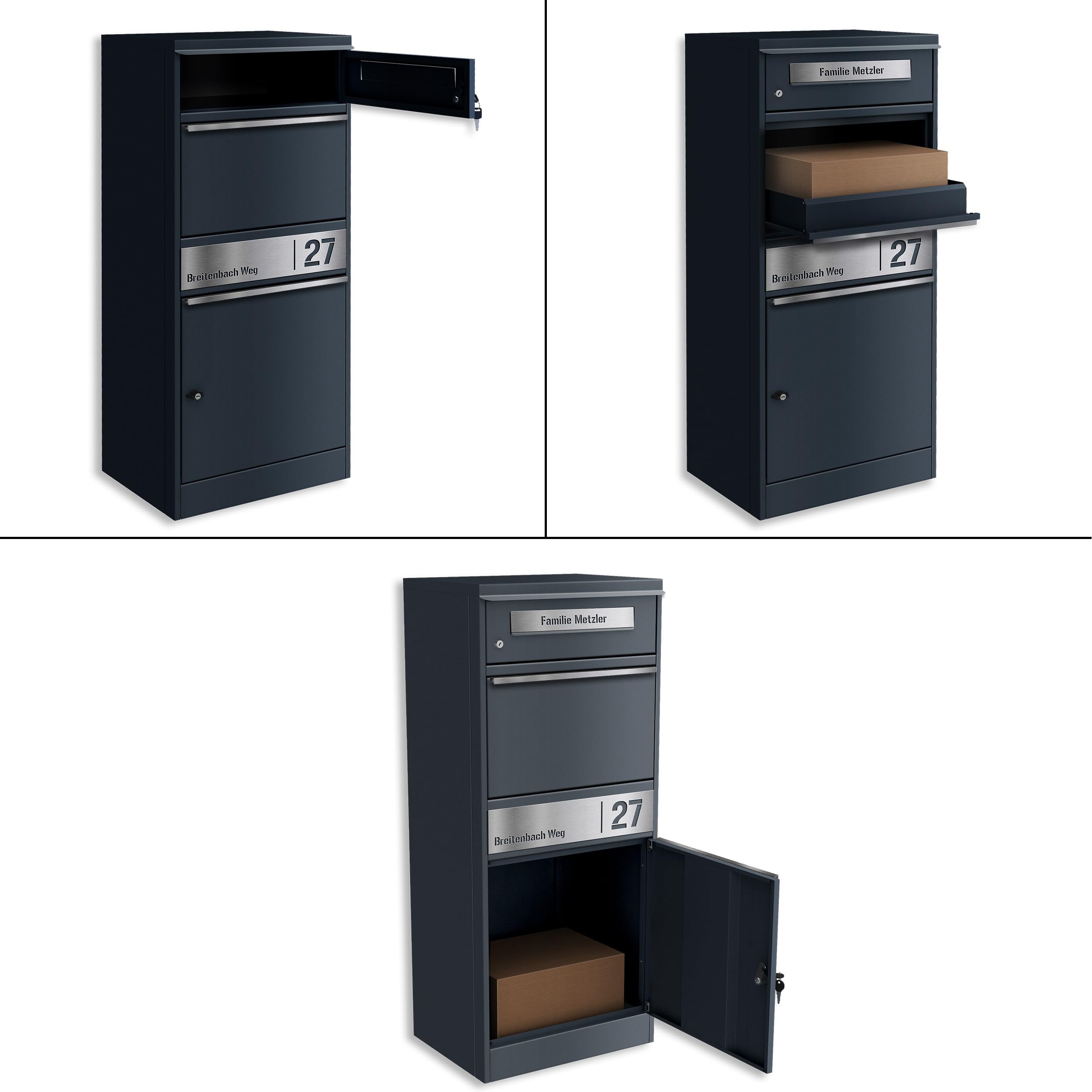 Metzler Paketbox, Briefkasten mit großem Paketfach in Anthrazit, personalisierte Paketbox für draußen, Standbriefkasten mit Paketfach, Paketkasten, Postbox mit Gravur, rostfrei und massiv - Bispo 2