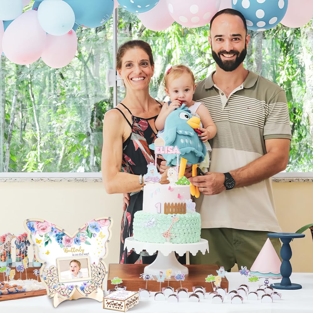 Peacoblue Gästebuch-Alternative für Babyparty 73-tlg Holz Schmetterling-Erinnerungsset mit Rahmen, Erinnerungsbox und Unterschriftsstücken Holzrahmen Taufe Alternative Gästebuch für Geburtstag