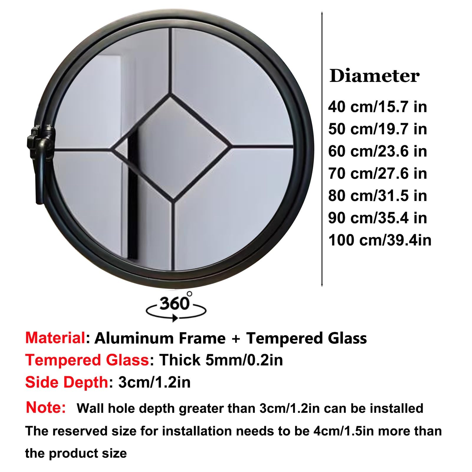 Ventana Redonda de Metal empotrada con Vidrio Templado, rotación de 360°, Eje Central y manija, ventilación e iluminación, Ventana Horizontal (Negra, 70 cm/27,6 Pulgadas)