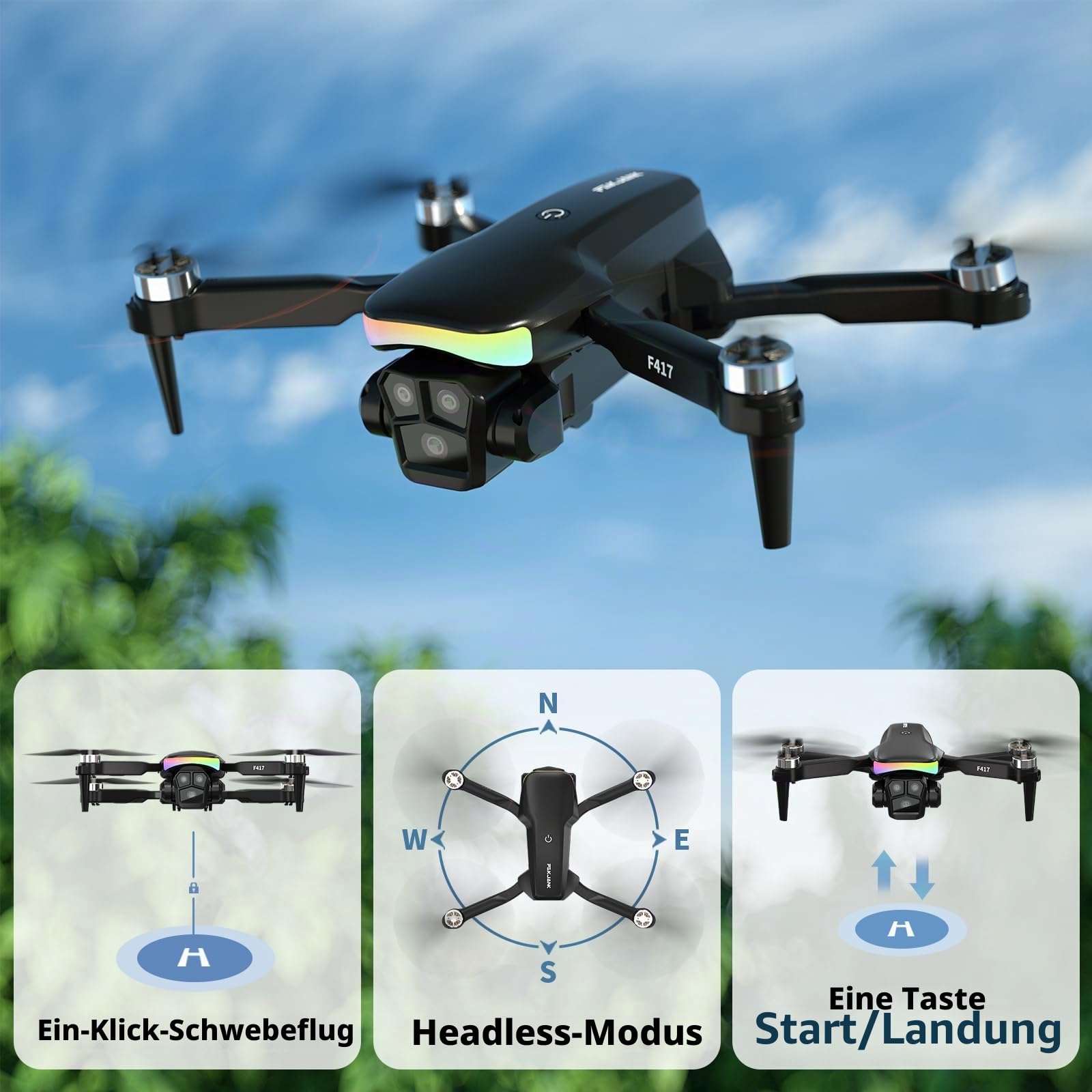 Drohne mit Kamera 1080P für Kinder,90°LED Bunt Lampe Bürstenlosem Drone mit WiFi Übertragung,Kameradrohne outdoor RC Quadrocopter für Jungen Mädchen,Handtasche,FPV Dual Kamera Drones für Anfänger