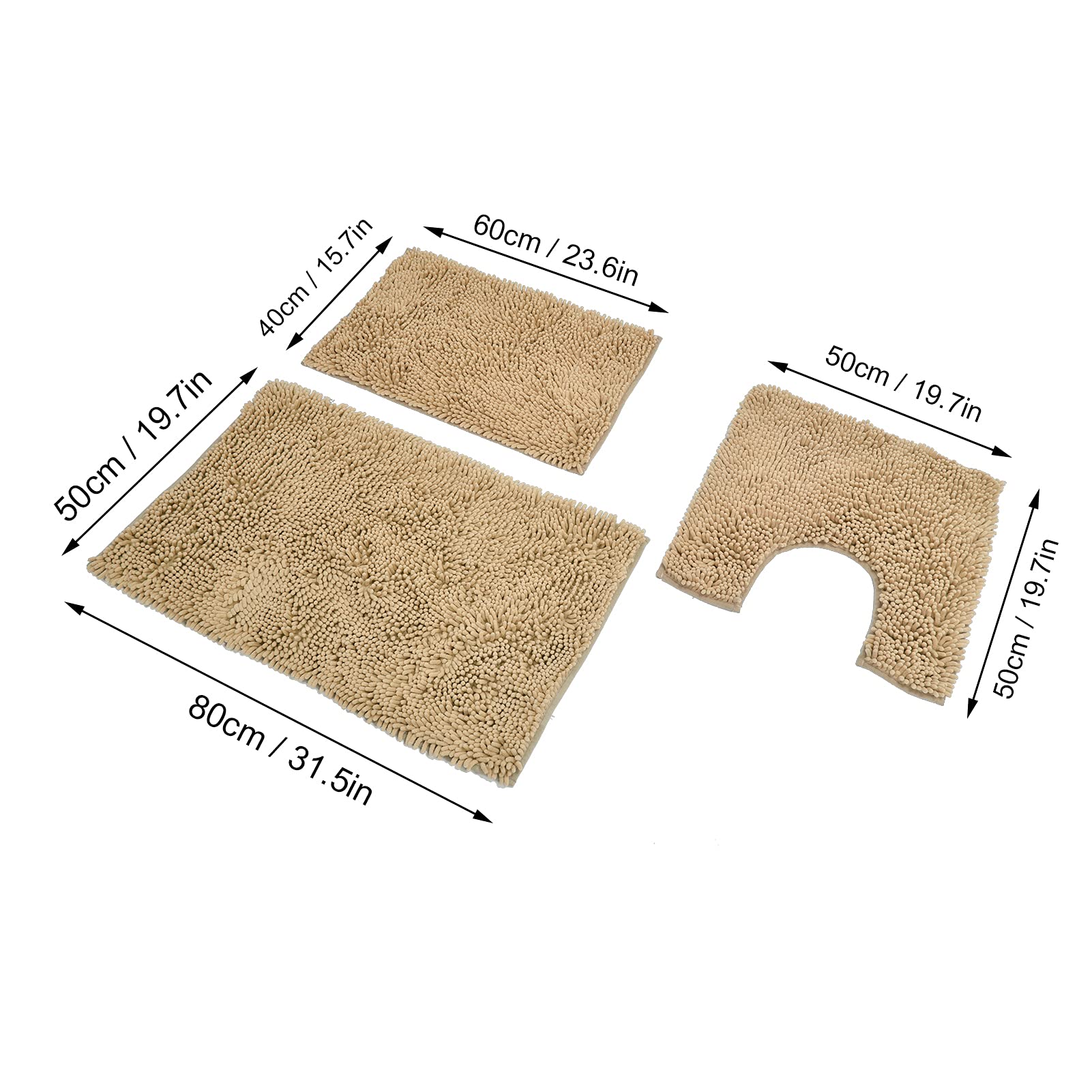 Ausla Set Tappeto da Bagno Tappetino da Bagno in Ciniglia 3 Pezzi Tappetino WC con Supporto Hot Melt da 1350 g/m², Assorbente d'acqua, Morbido Rivestimento per Pavimento per Vasca, Lavandino, WC,
