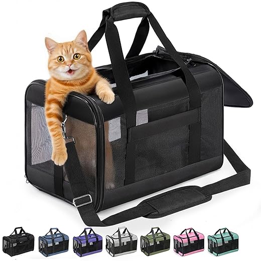 Cat Carrier Airline Approved, Soft-Sided Dog Carrier with Inner Safety Leash, Pet Transport Carrier for Small-Medium Cats Puppies up to 15 Lbs, Collapsible Travel Kitten Carrier Bag -BlackM