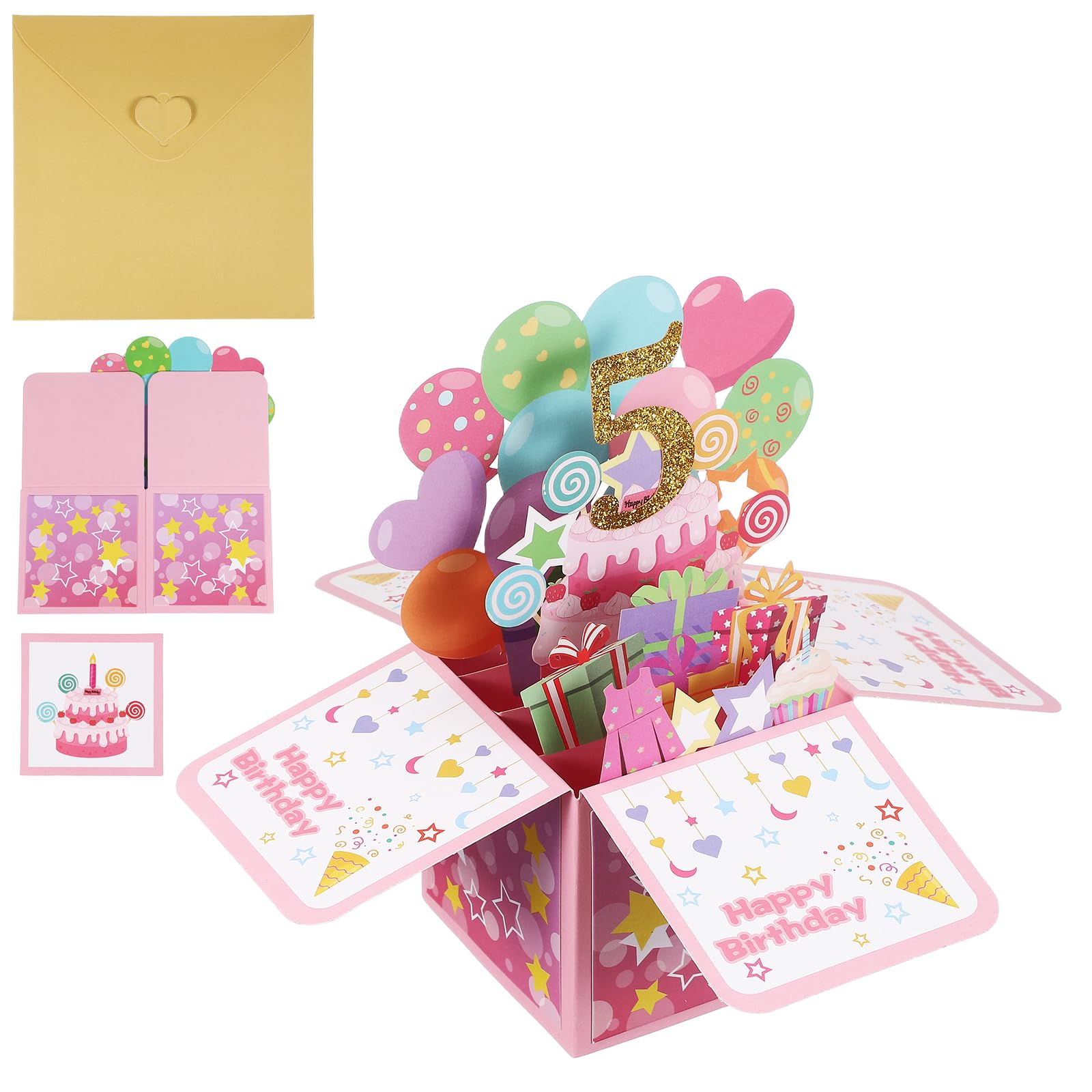 YOKIVE 5th Birthday Card, 5 Years Old Funny Birthday Card Happy Sweet with Greeting Card and Envelope 3D Open for Men Woman Gift Friends Party, Style 1 & Gold Pink