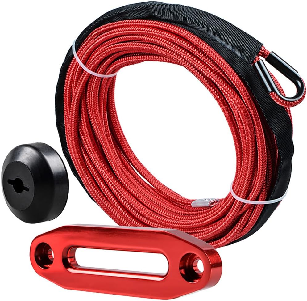Completed Red kit 1/4 inch x 50 feet Breaking Strength 7000lbs Synthetic Winch Rope Recovery Cable + 6" Aluminum Hawse Fairlead + Black Rubber Stopper for Towing Car Truck ATV UTV