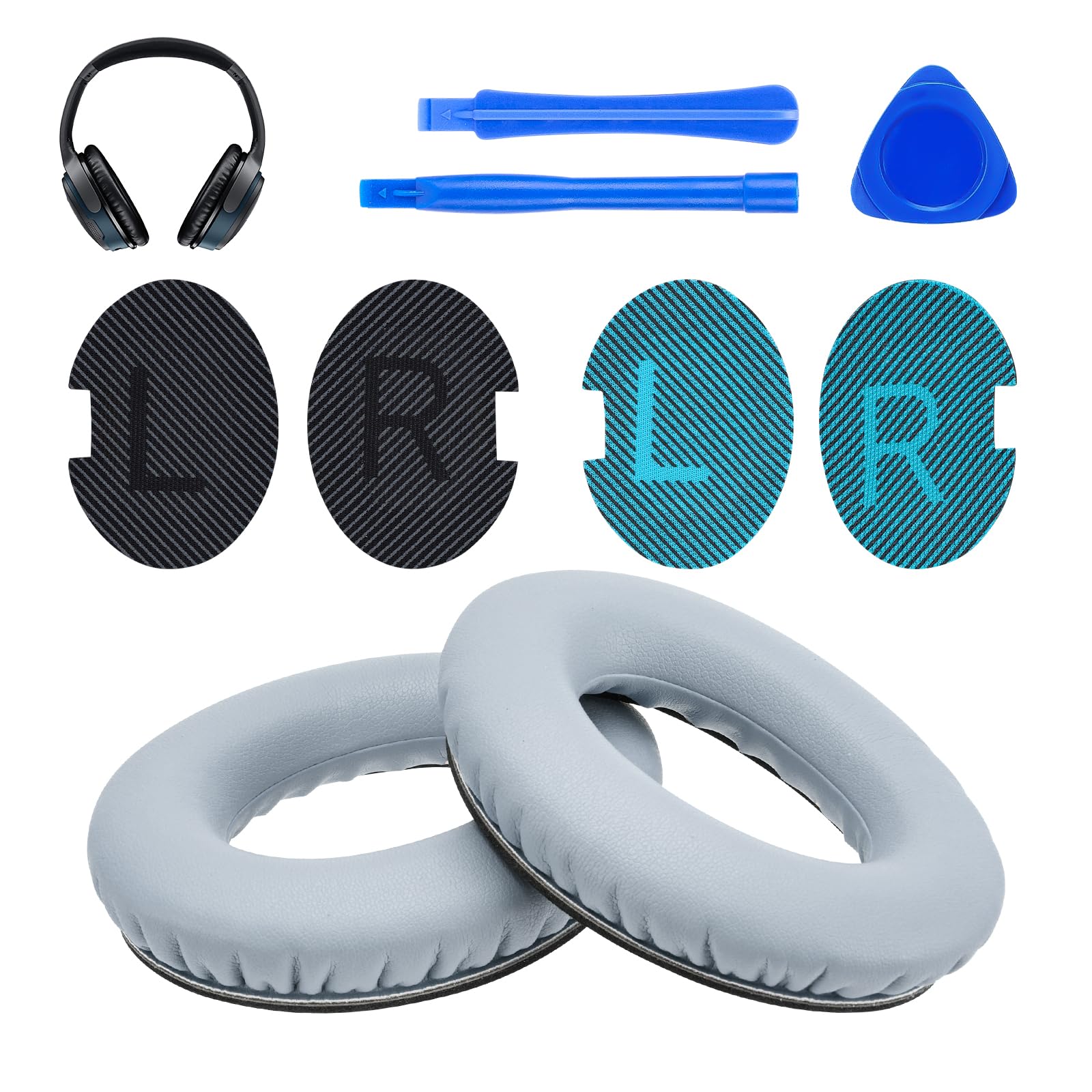 WADEO Cuscinetti di Ricambio per Bose QC25/QC15/QC2/AE2/AE2W, Kit di Sostituzione in Memory Foam e Pelle Proteica – Ritrova Comfort e Isolamento Acustico per Cuffie Over-Ear (Grigio chiaro)