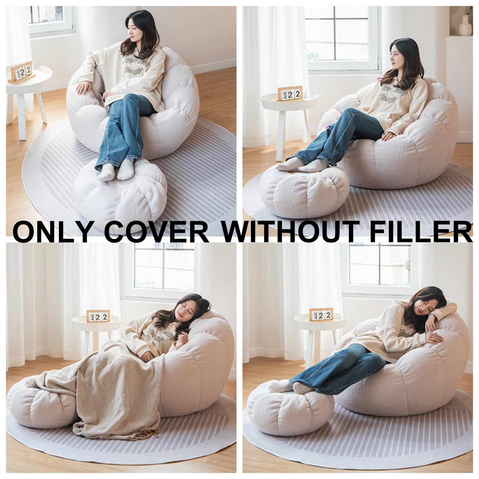 Bean Bag Sitzkissen Sessel Bodenkissen Aufbewahrungstasche (Nur Cover) Große Sitzsack Sitzkissen-Hülle - Indoor wie Outdoor Lounge Gamer Sitzsack Sessel,Weiß