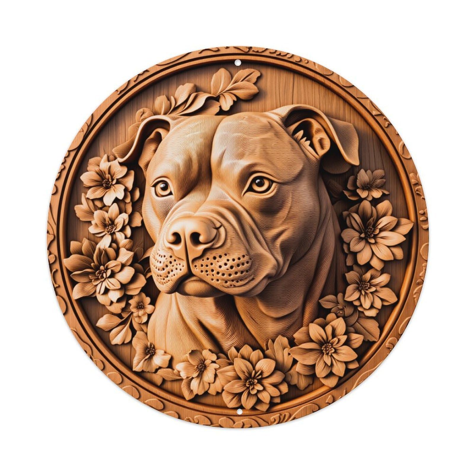 Dog Floral Wood Carved Relief Round Tin Sign Retro Metal Sign for Cafe Bar Pub Home Game Room Gym Club Wall Decoration Vintage Metal Poster 8x8 Inch