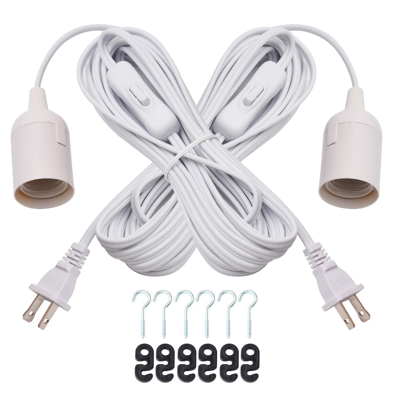 JACKYLED Extension Hanging Lantern Cord Cable 2-Pack 20ft UL 360W with E26 E27 Socket On/Off Button Pendant Lighting